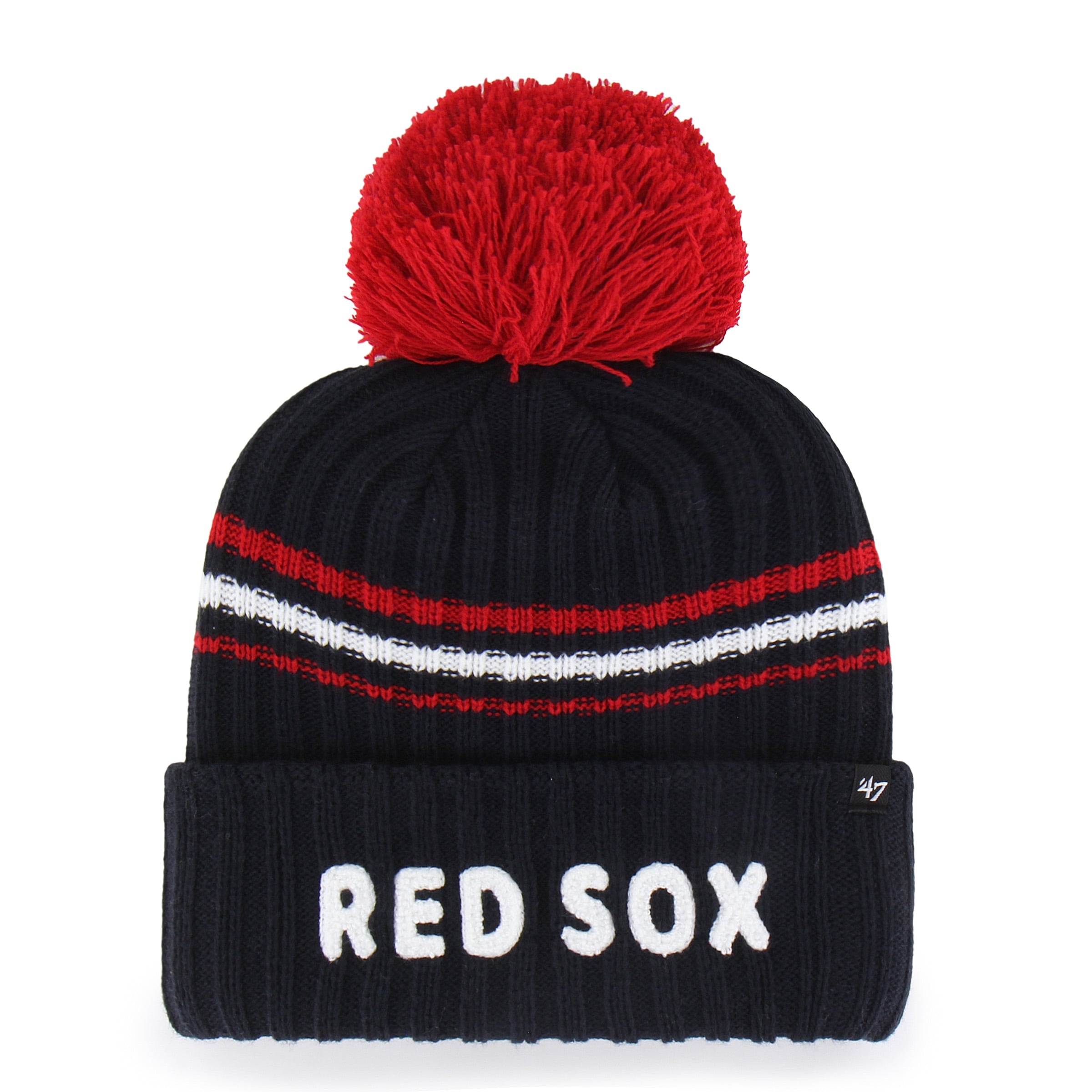 Bonnet en maille duveteuse à revers avec pompon, modèle 47 bleu marine des Boston Red Sox