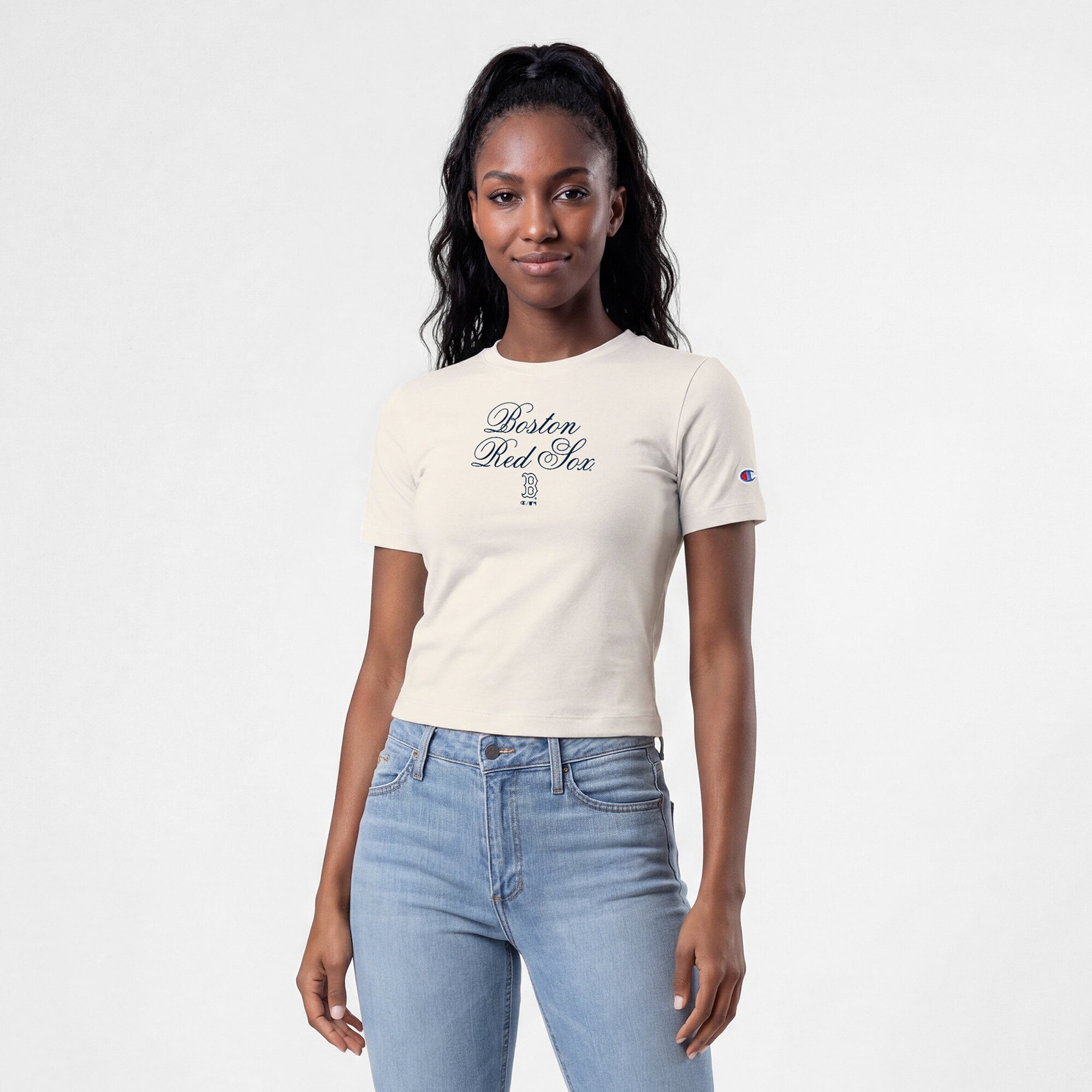 T-shirt court ajusté doux au toucher Champion crème pour femme, Boston Red Sox