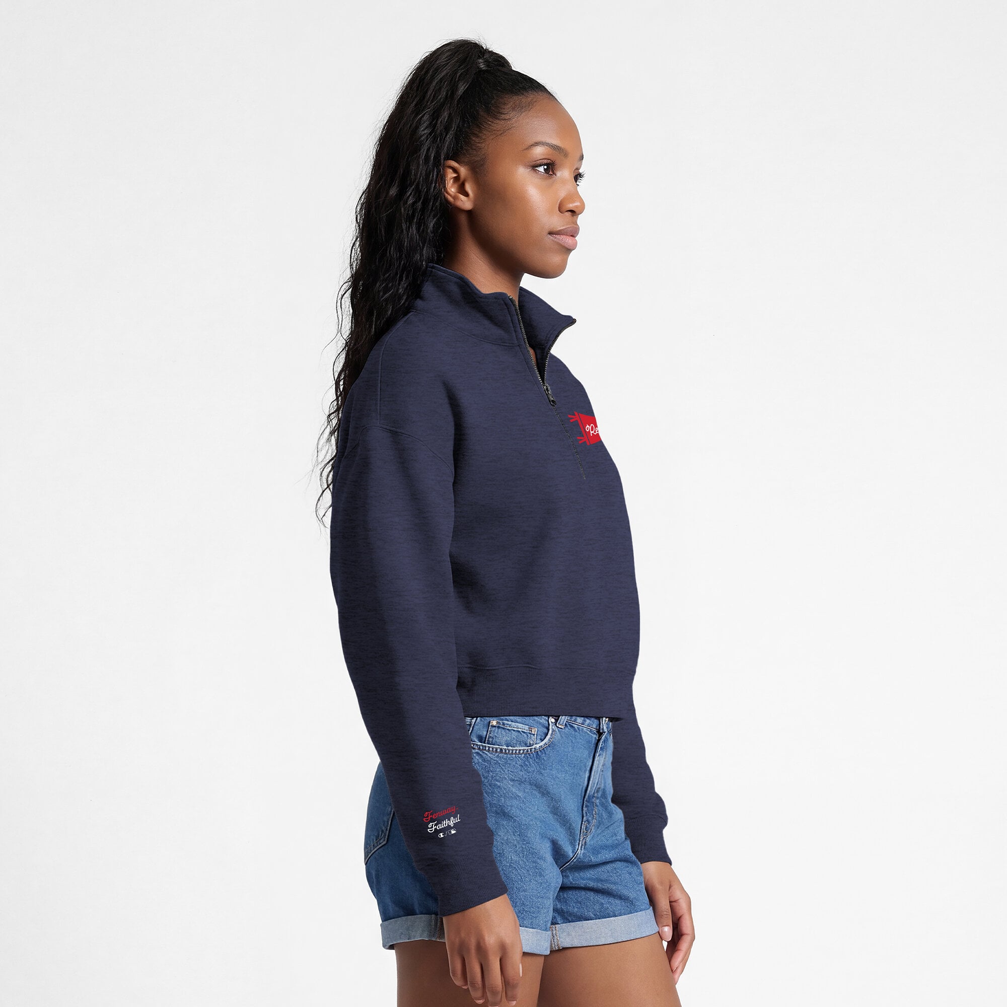 Pull court à col zippé Champion bleu marine Boston Red Sox Triumph en polaire mélangée pour femme