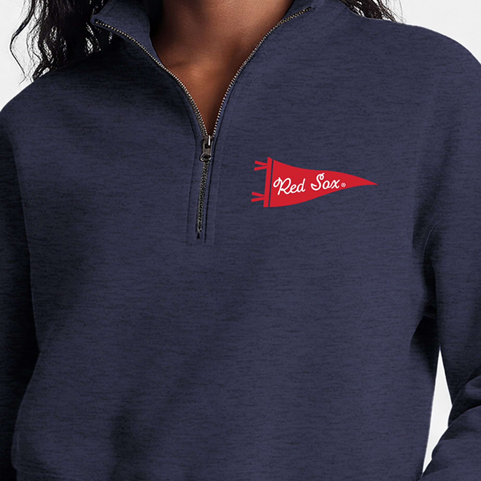 Pull court à col zippé Champion bleu marine Boston Red Sox Triumph en polaire mélangée pour femme
