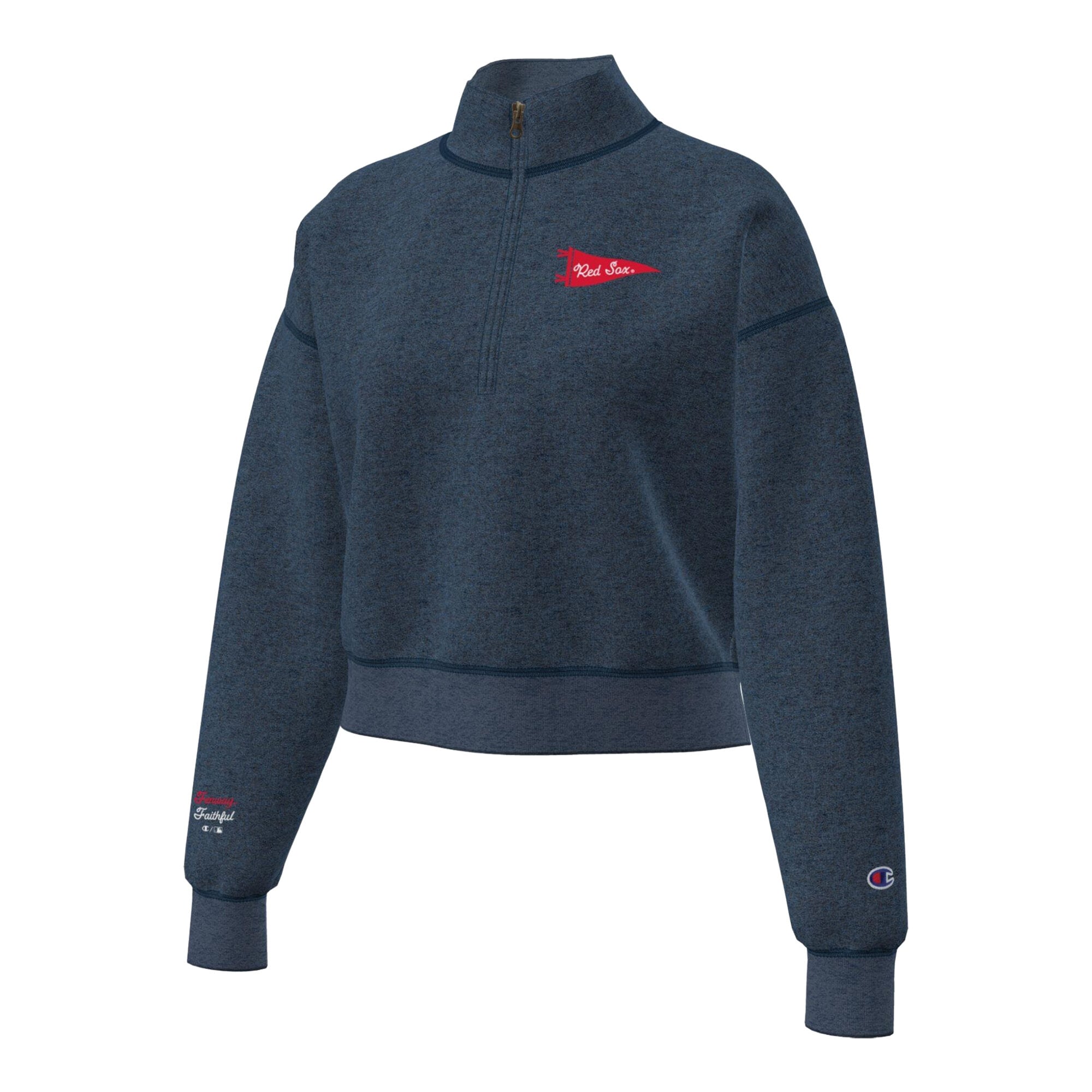 Pull court à col zippé Champion bleu marine Boston Red Sox Triumph en polaire mélangée pour femme