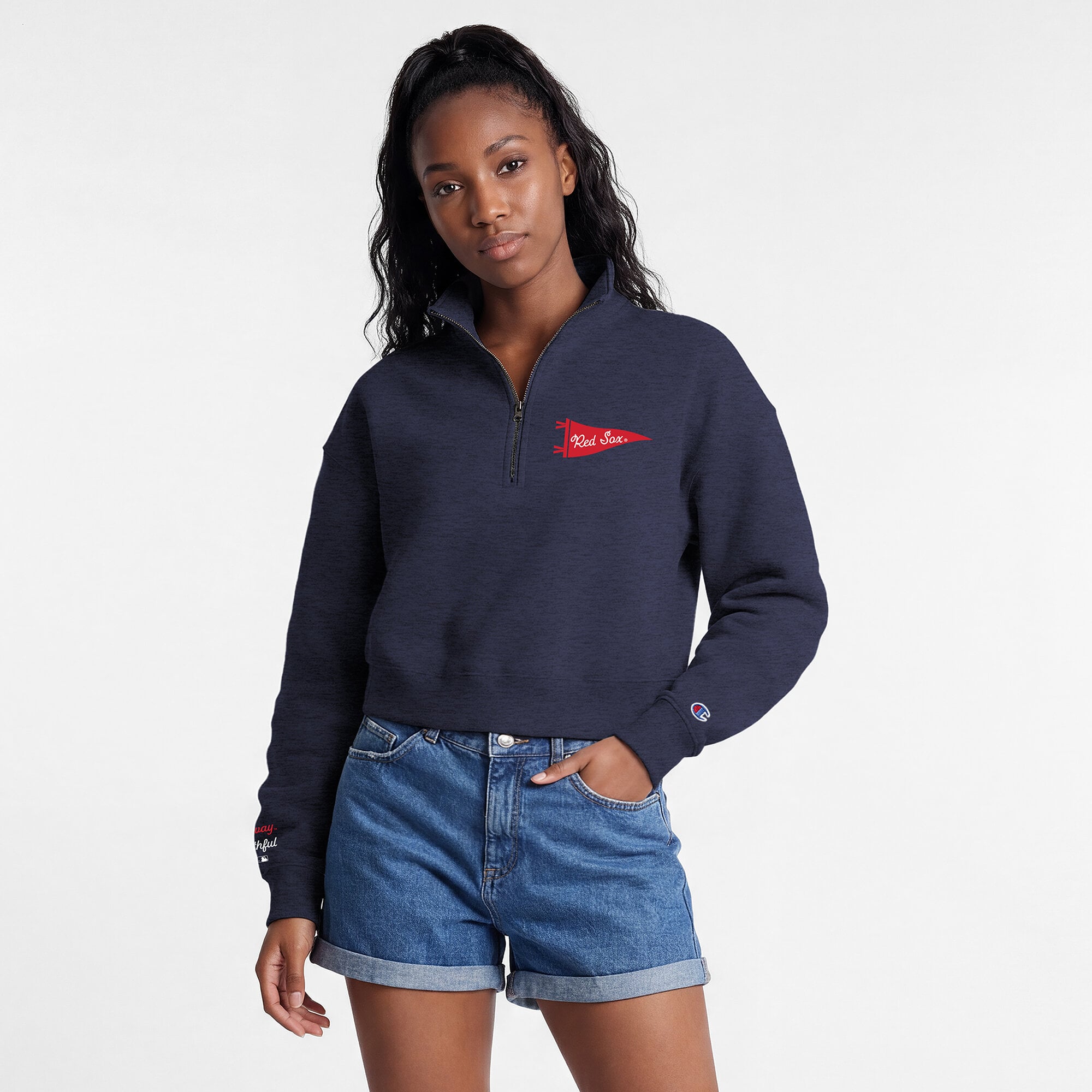 Pull court à col zippé Champion bleu marine Boston Red Sox Triumph en polaire mélangée pour femme