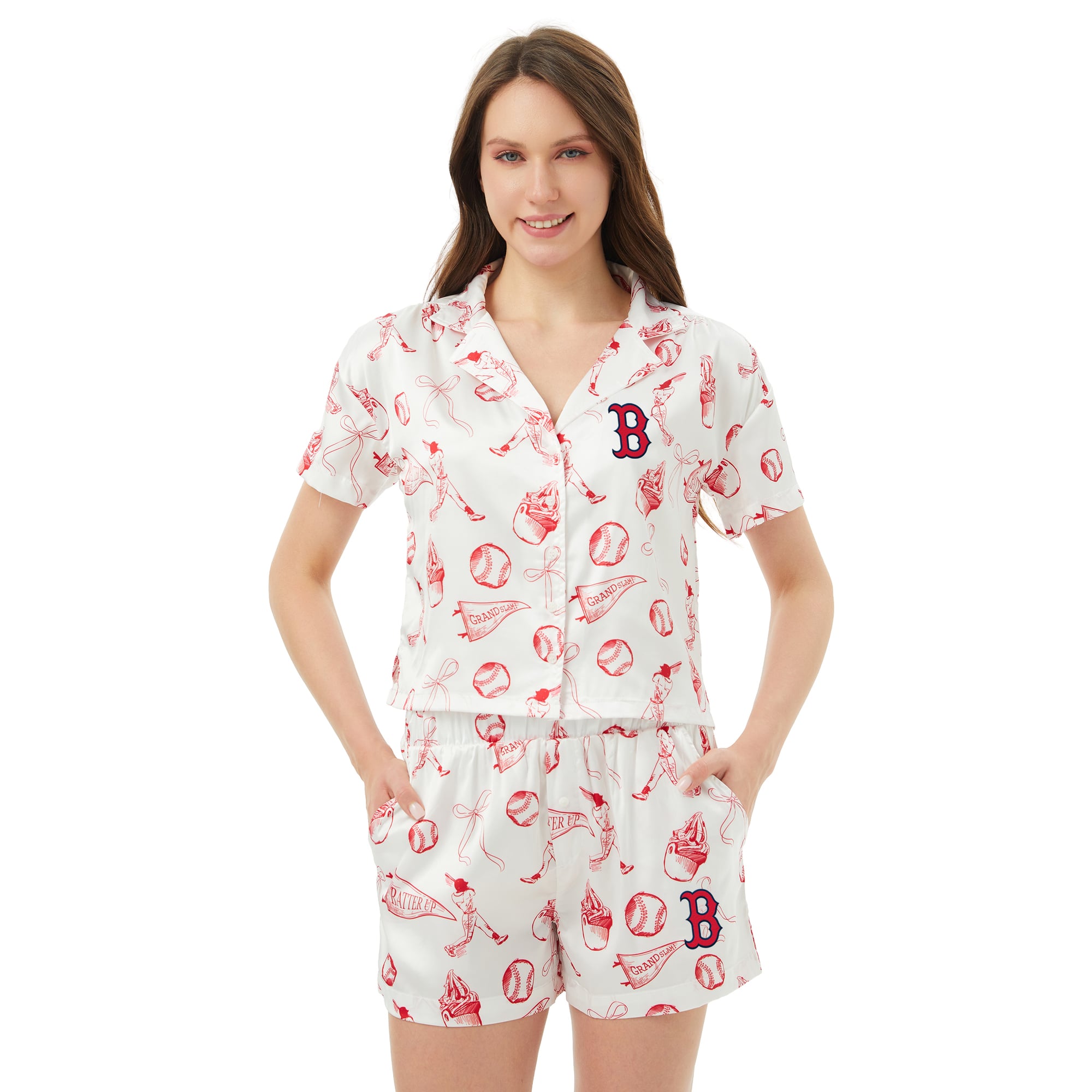 Women's Concepts Sport  White Boston Red Sox Hilton Satin Allover Print Button-Up Shirt & Shorts Set