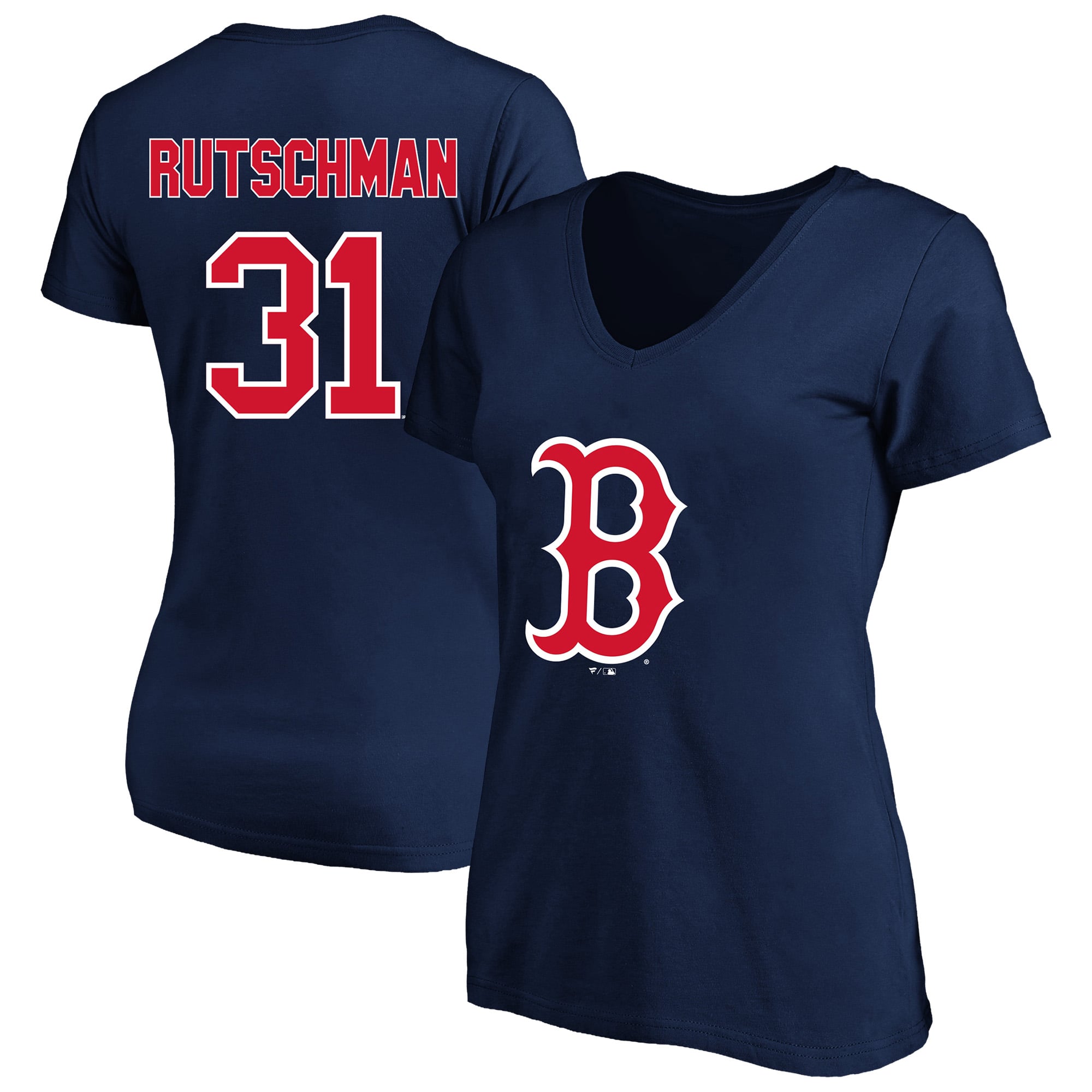 T-shirt à col en V Fanatics Adley Rutschman bleu marine Boston Red Sox pour femmes, grande taille, nom et numéro