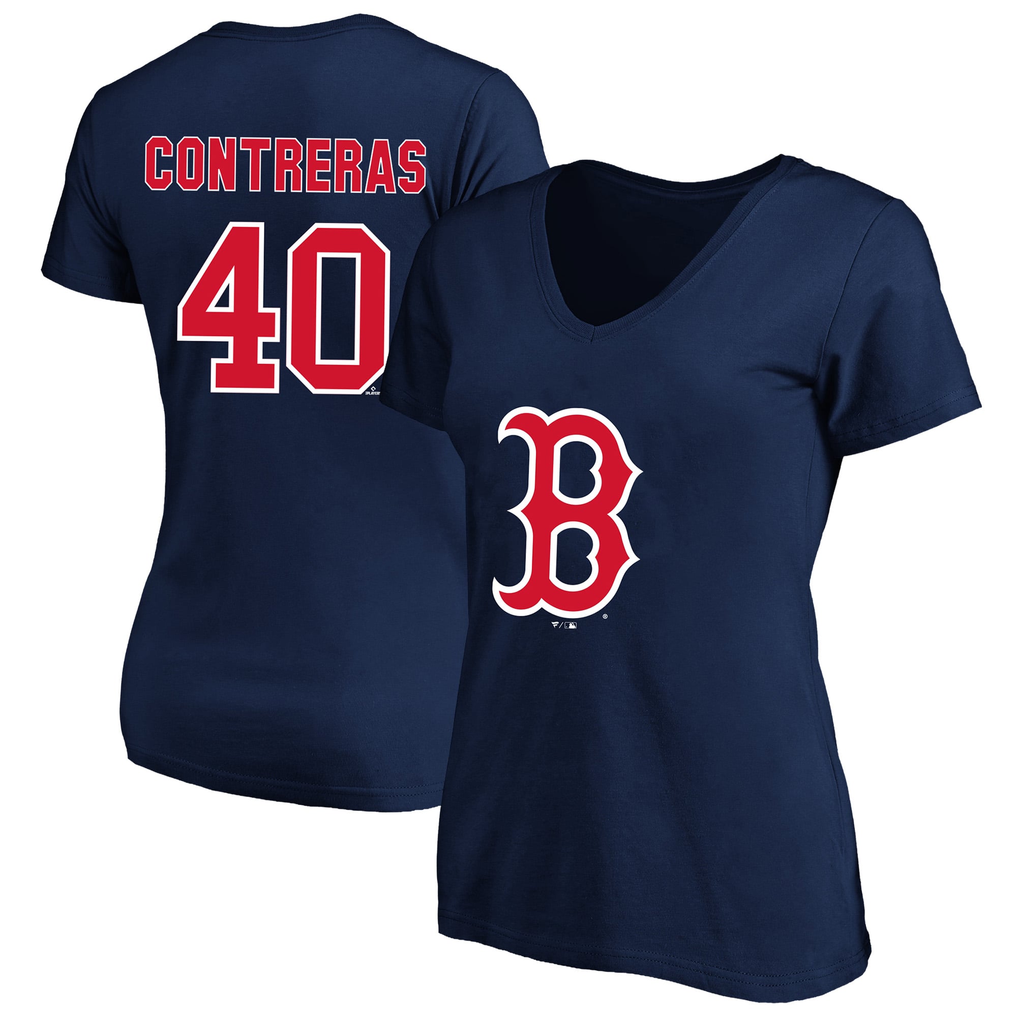 T-shirt à col en V pour femme Fanatics Willson Contreras, bleu marine, Boston Red Sox, grandes tailles, nom et numéro