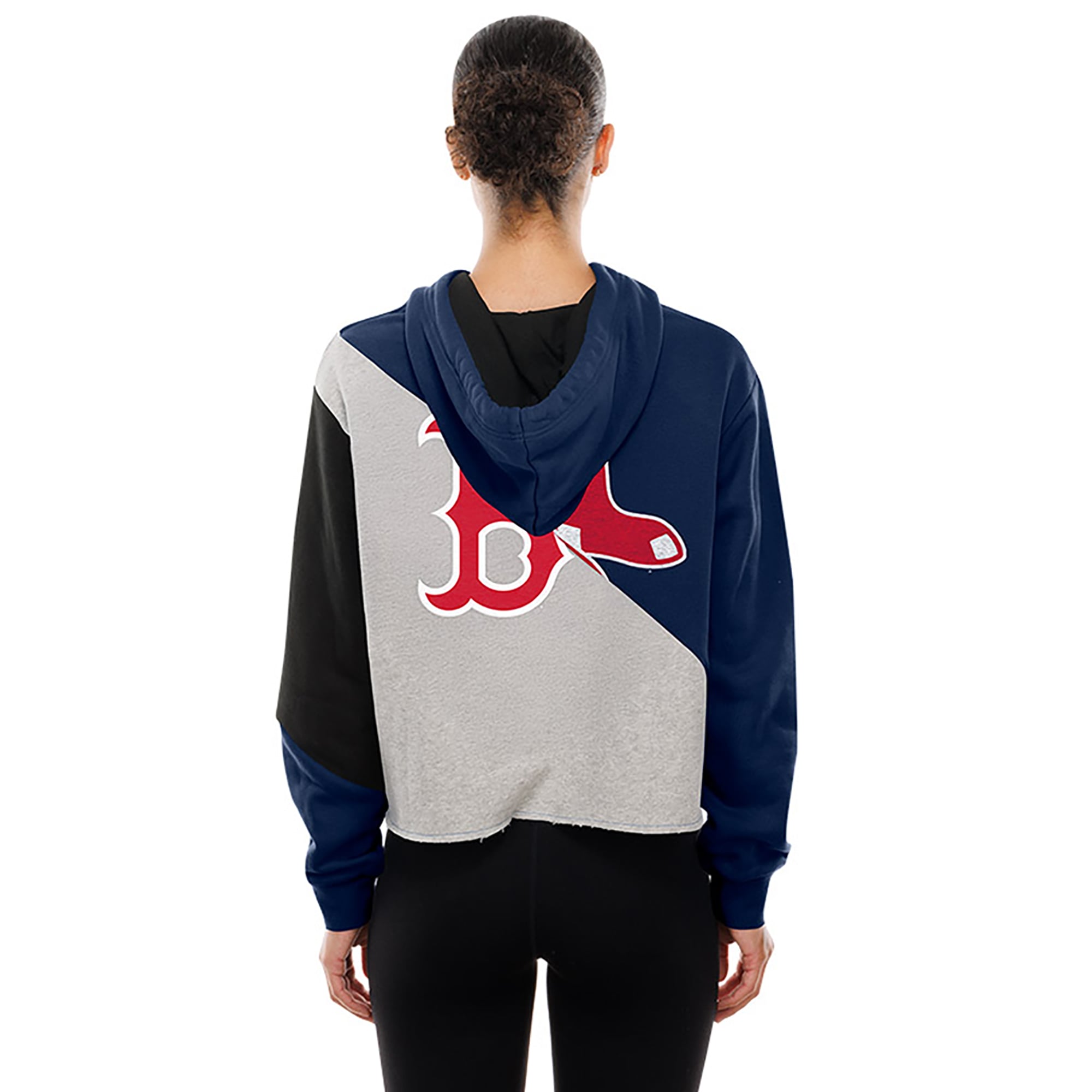 Sweat à capuche boxy New Era Boston Red Sox bleu marine pour femme, en tissu upcyclé blocs de couleurs.
