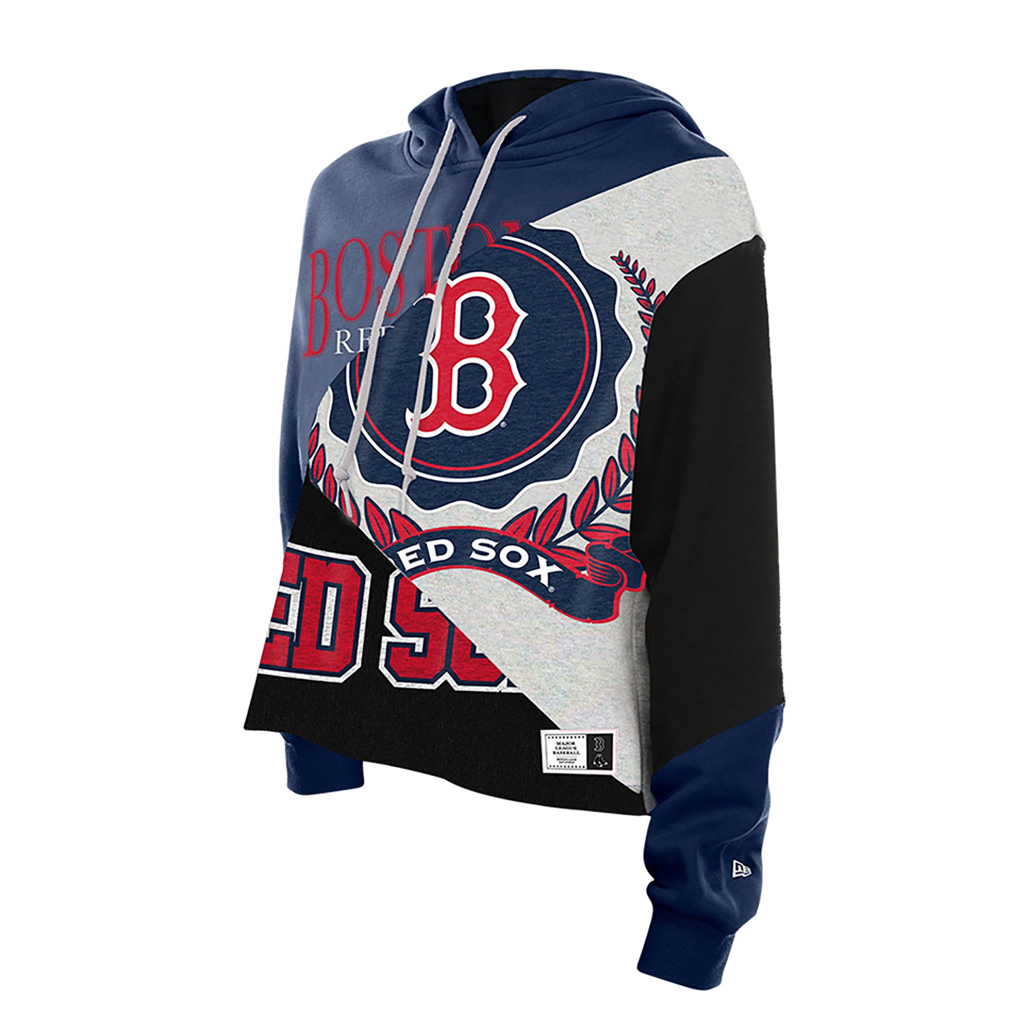 Sweat à capuche boxy New Era Boston Red Sox bleu marine pour femme, en tissu upcyclé blocs de couleurs.