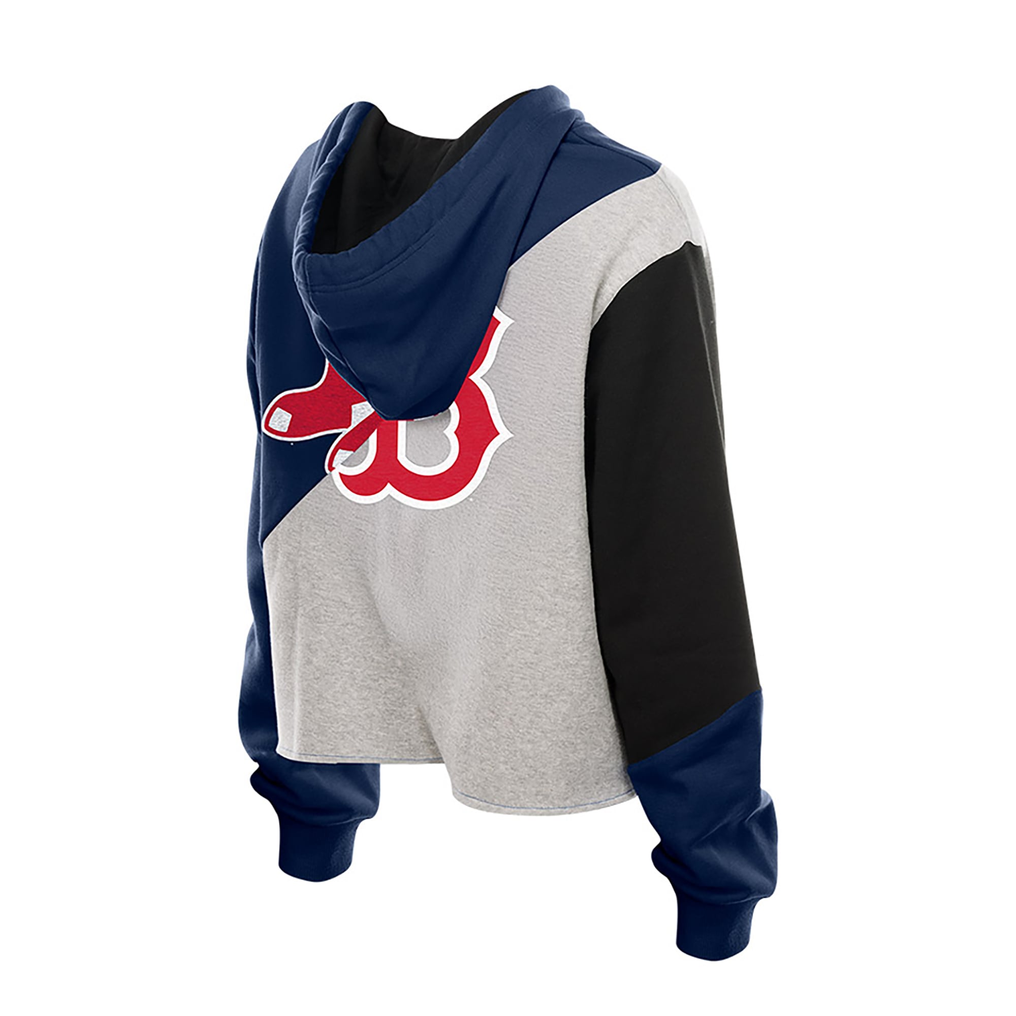 Sweat à capuche boxy New Era Boston Red Sox bleu marine pour femme, en tissu upcyclé blocs de couleurs.