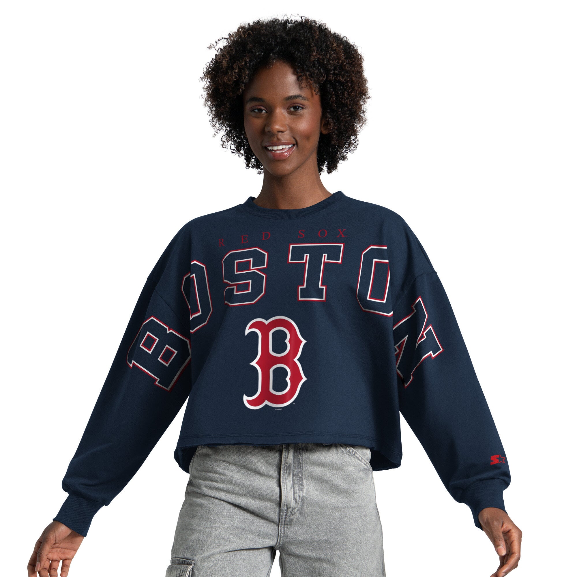 Sweat-shirt court à col rond Starter Navy Boston Red Sox Bleachers II pour femme