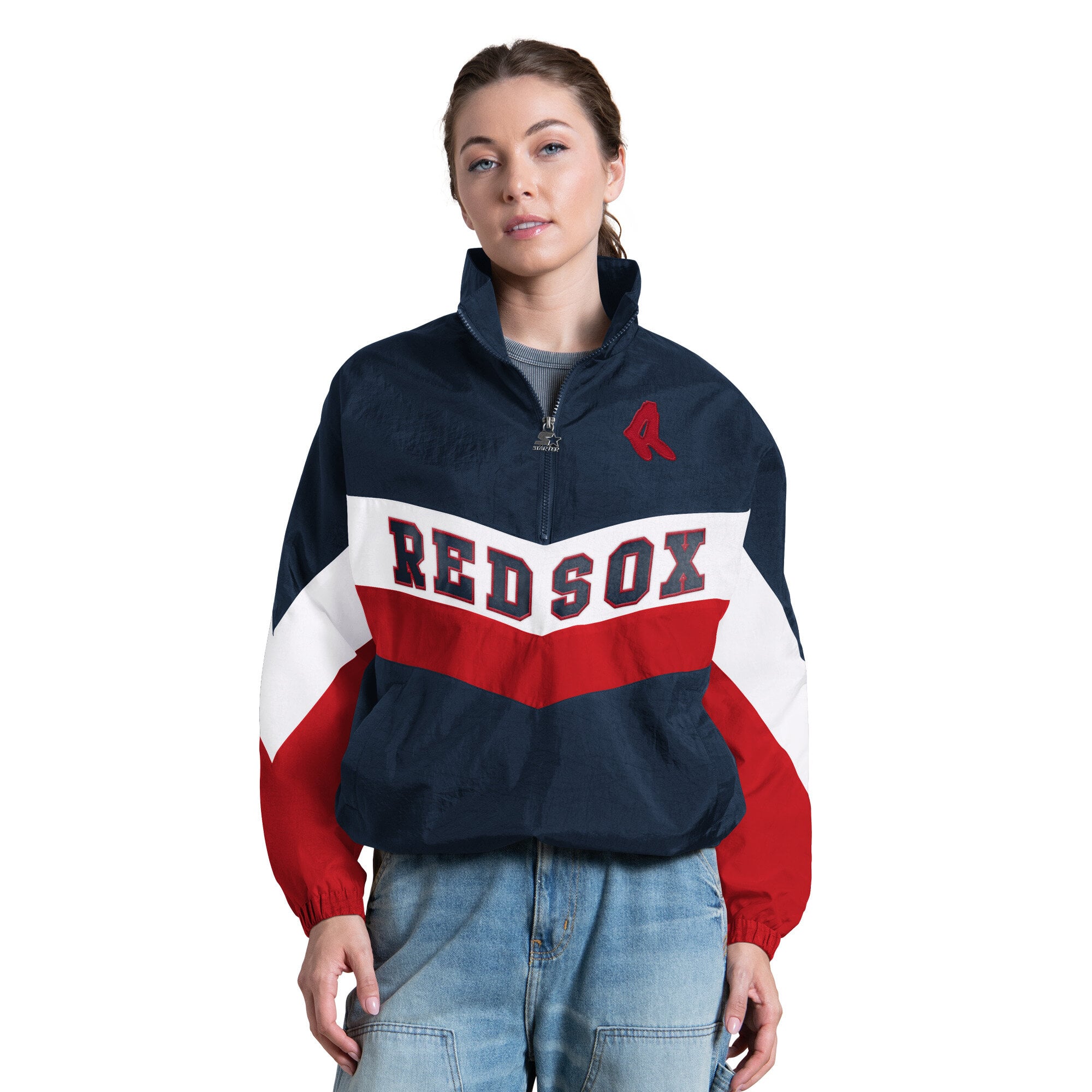 Women's Starter  Navy Boston Red Sox Yardline Quarter-Zip Pullover