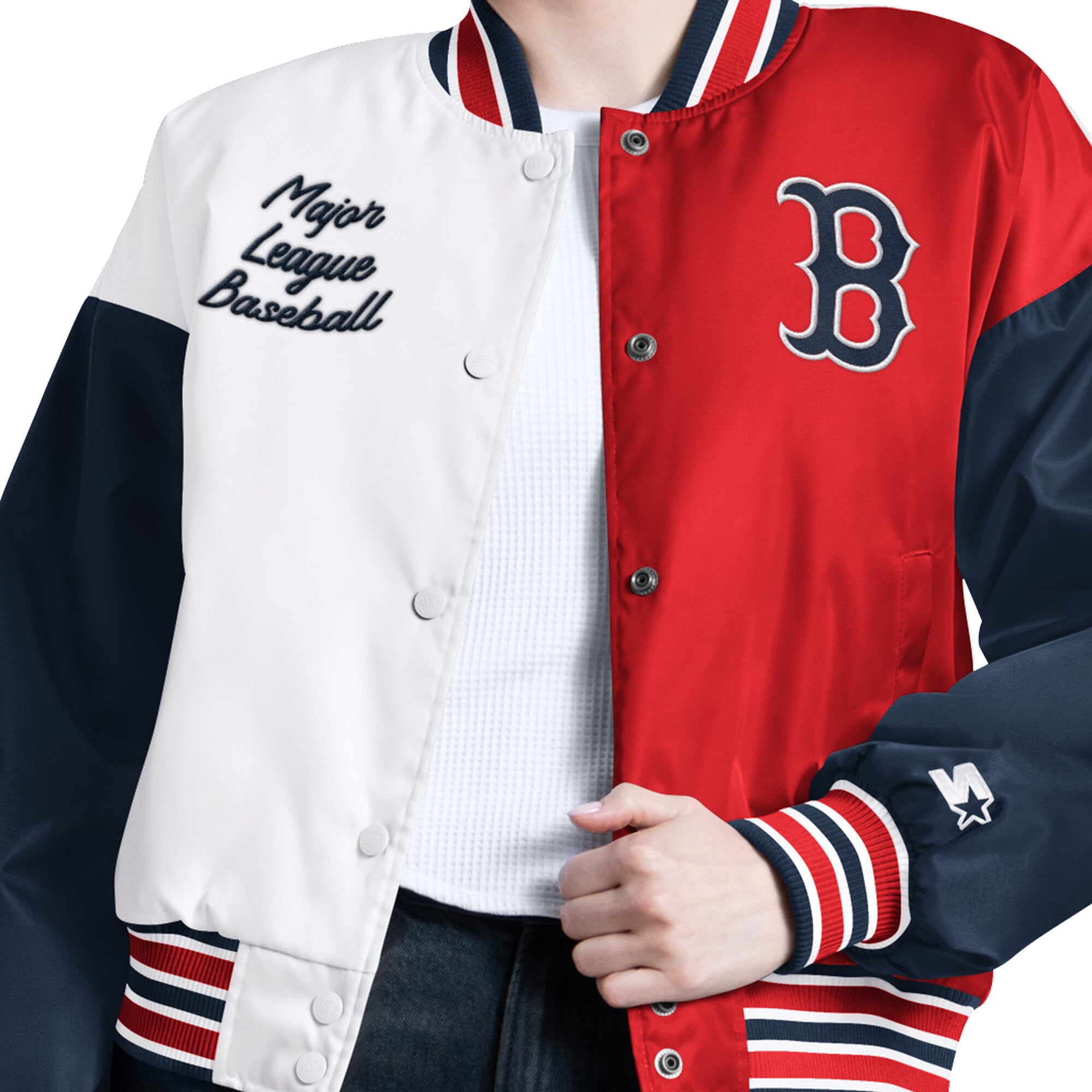 Veste universitaire Starter White Boston Red Sox Game On pour femmes, à boutons-pression.