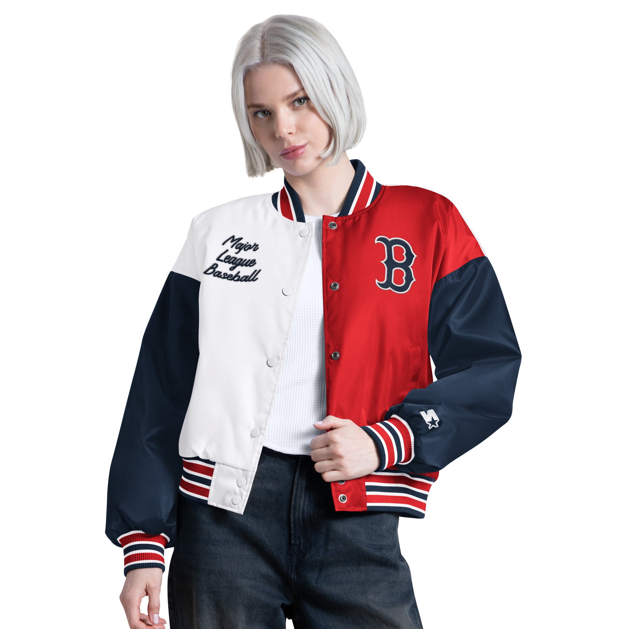 Veste universitaire Starter White Boston Red Sox Game On pour femmes, à boutons-pression.
