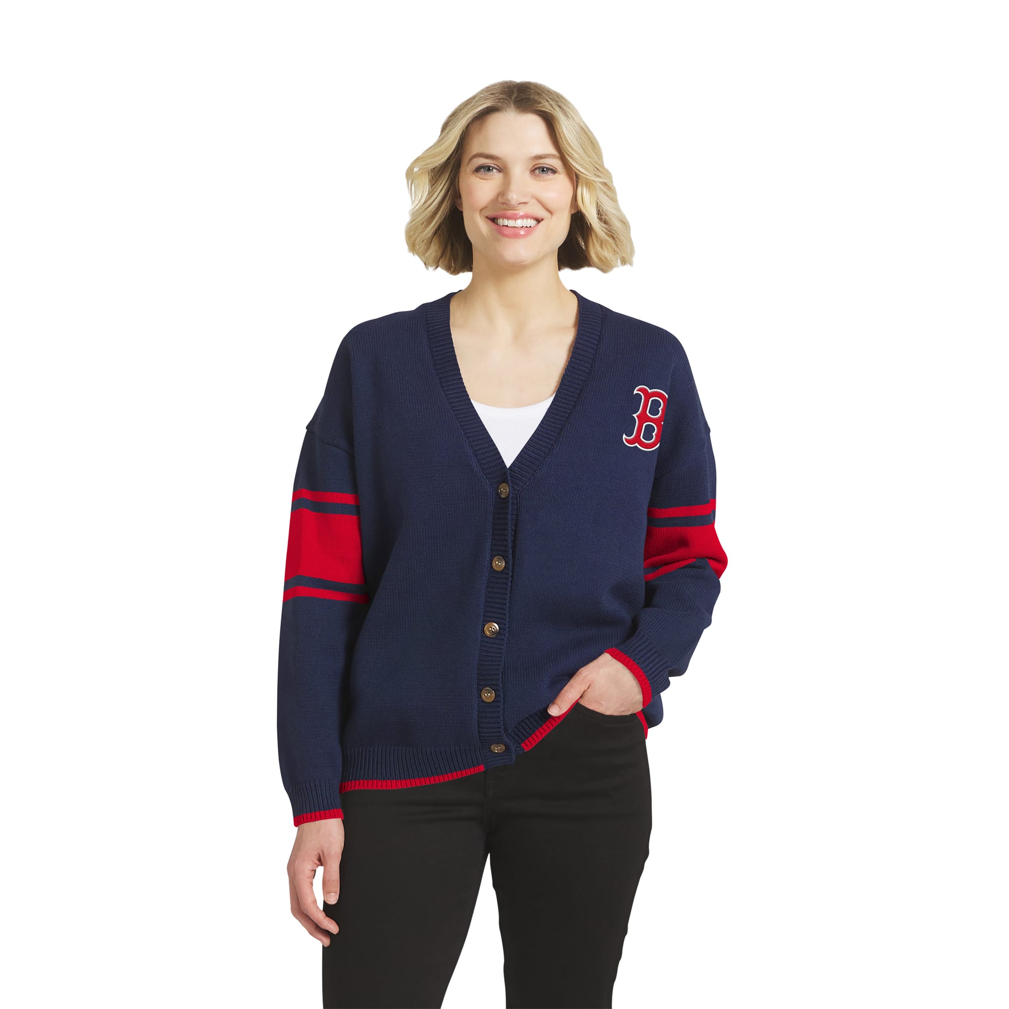 Women's WEAR by Erin Andrews Navy Boston Red Sox Button-Up Knit Cardigan
