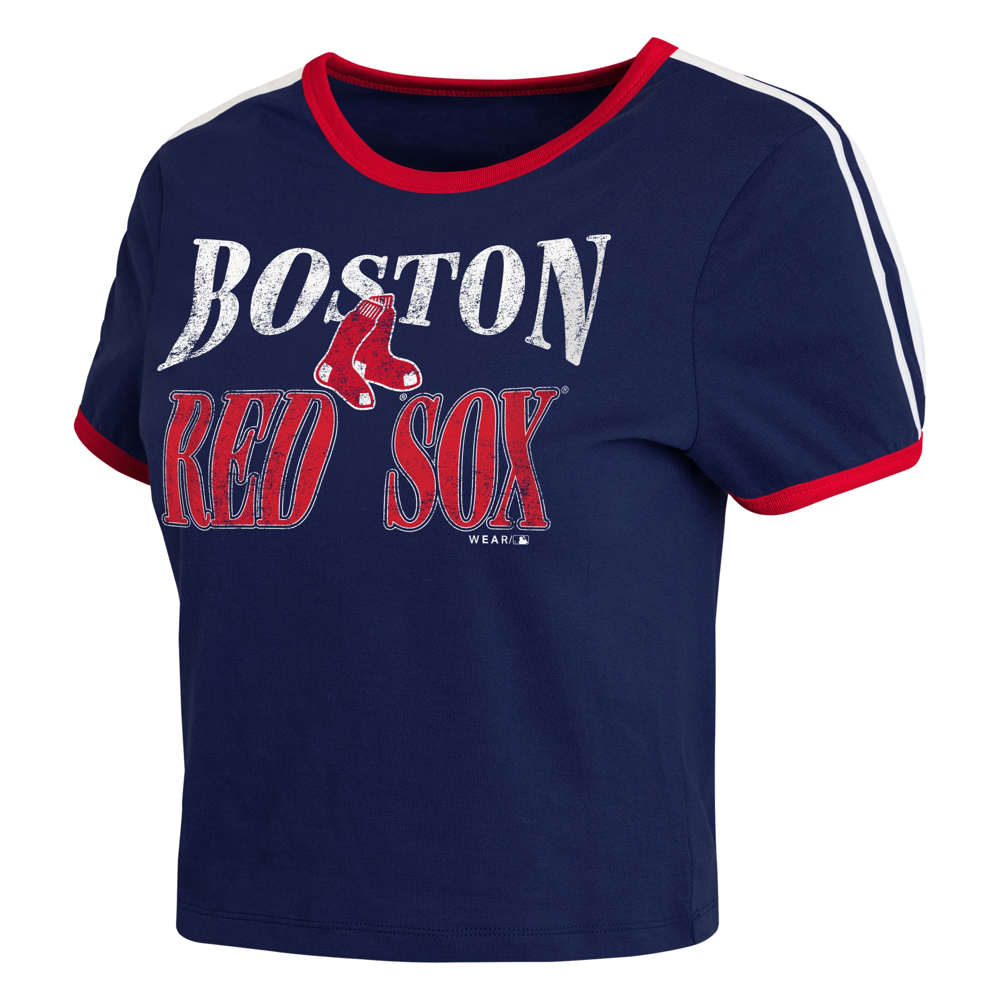 Women's WEAR by Erin Andrews Navy Boston Red Sox Cropped Throwback Ringer Baby T-Shirt