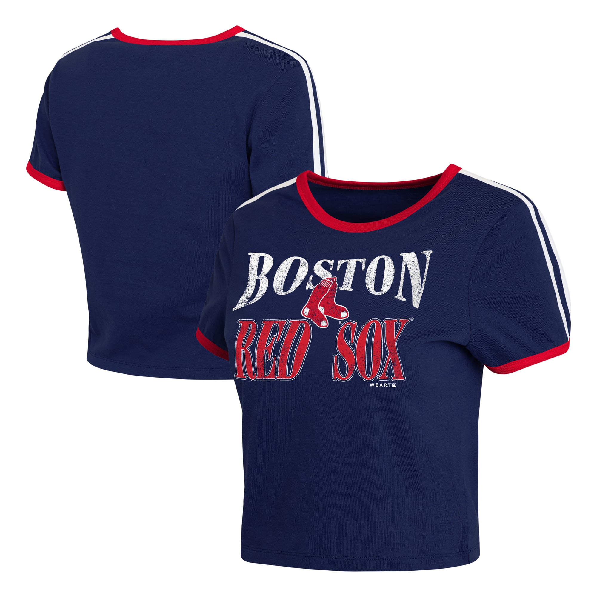 Women's WEAR by Erin Andrews  Navy Boston Red Sox Cropped Throwback Ringer Baby T-Shirt