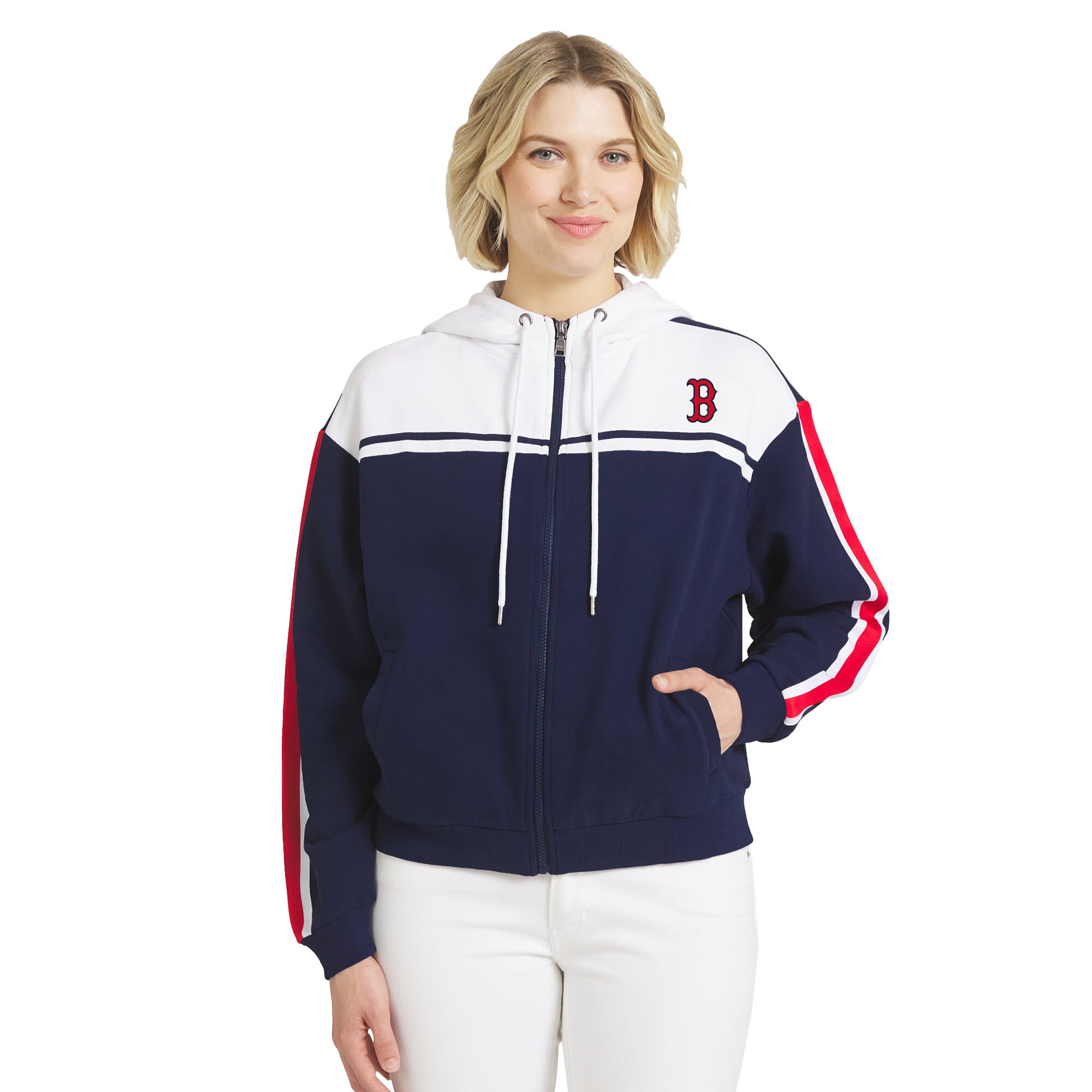 Sweat à capuche zippé WEAR by Erin Andrews pour femme, bleu marine et blanc