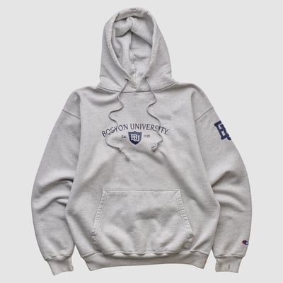 Boston University Champion 2000s Hooded Pullover Sweatshirt - Heather Gray - S by Fanatics Real Vintage
