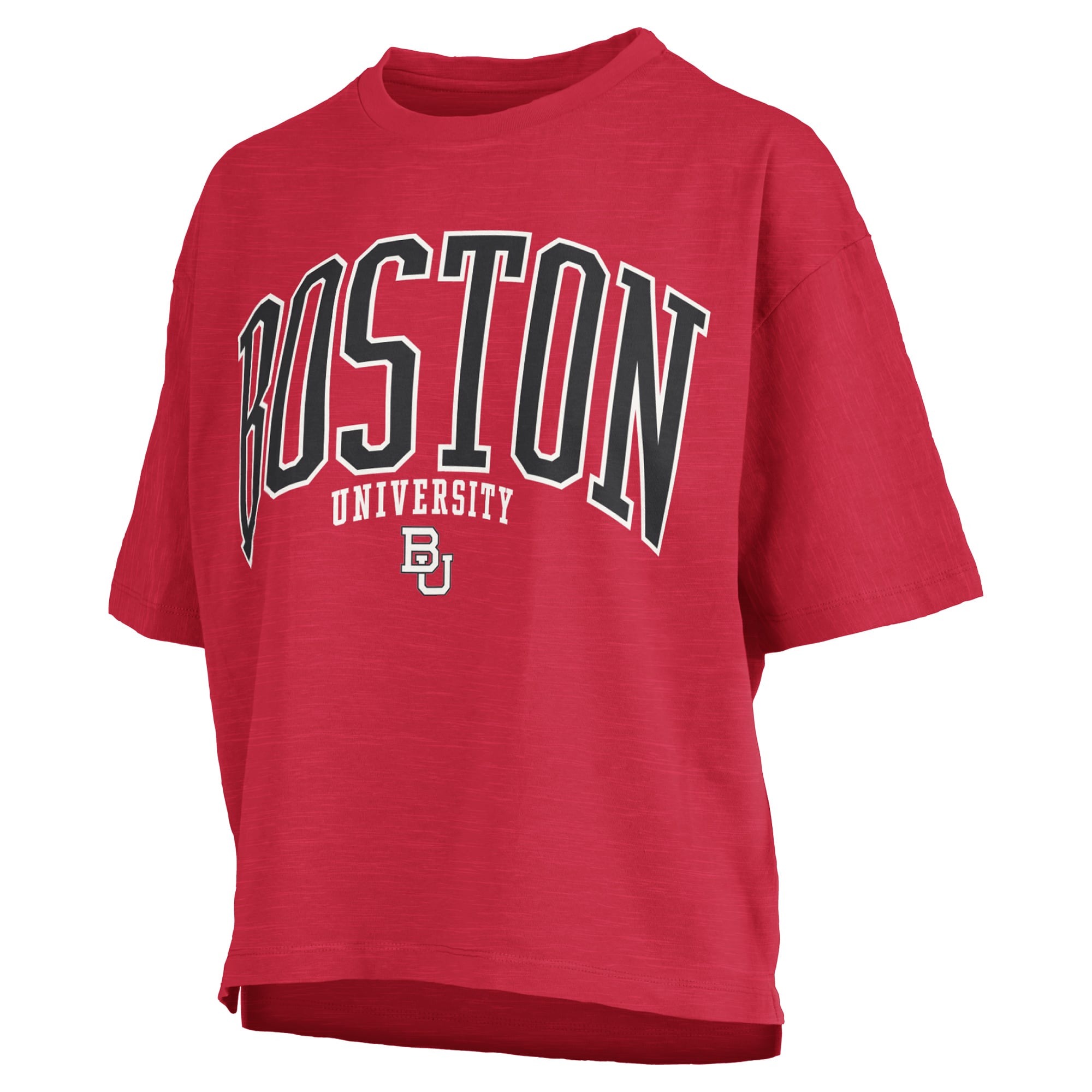 T-shirt oversize Pressbox Red Boston University pour femmes, logo Nelson Arch Over, en flammèche