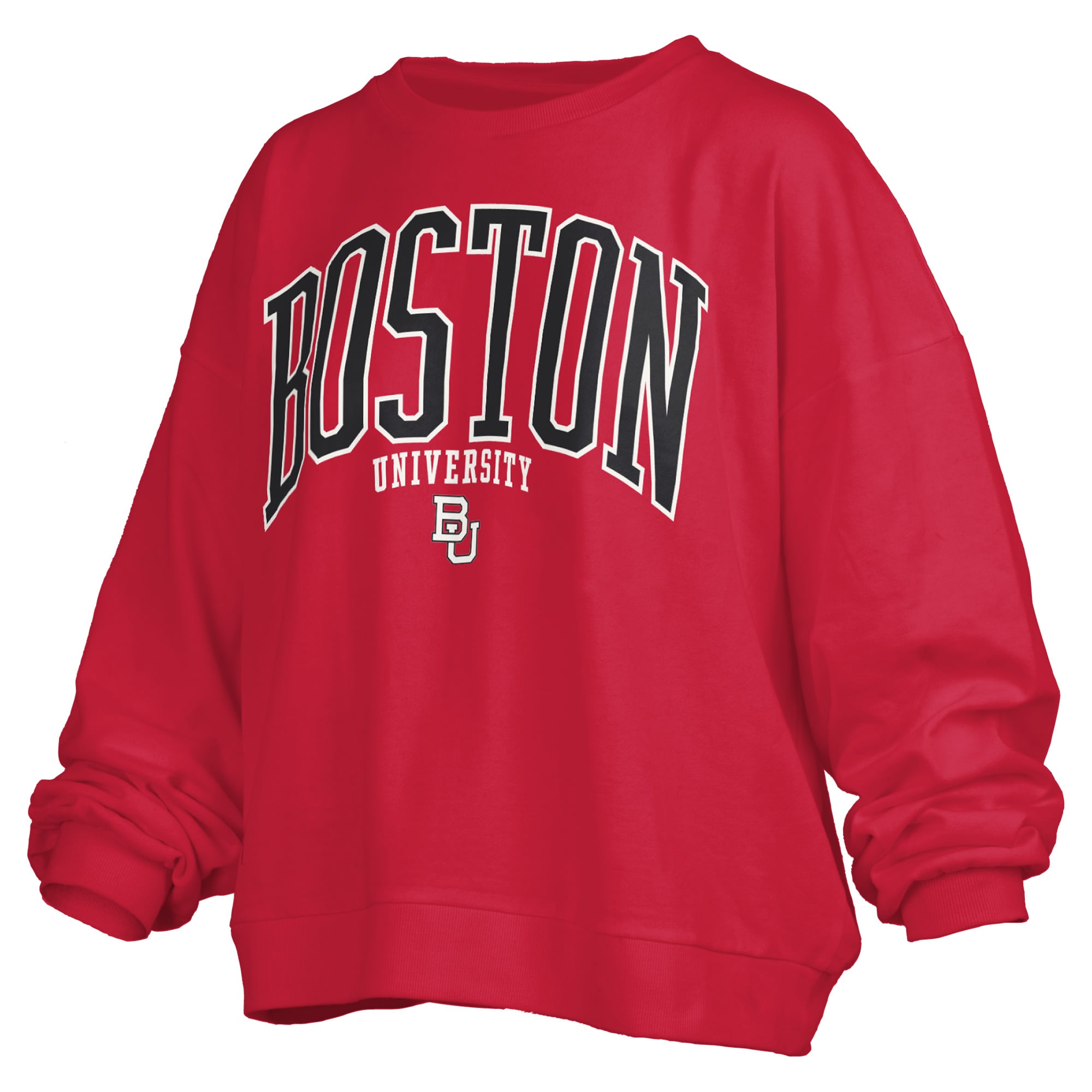 Women's Pressbox Scarlet Boston University Oversized Janise Arch Over Logo Fleece Sweatshirt
