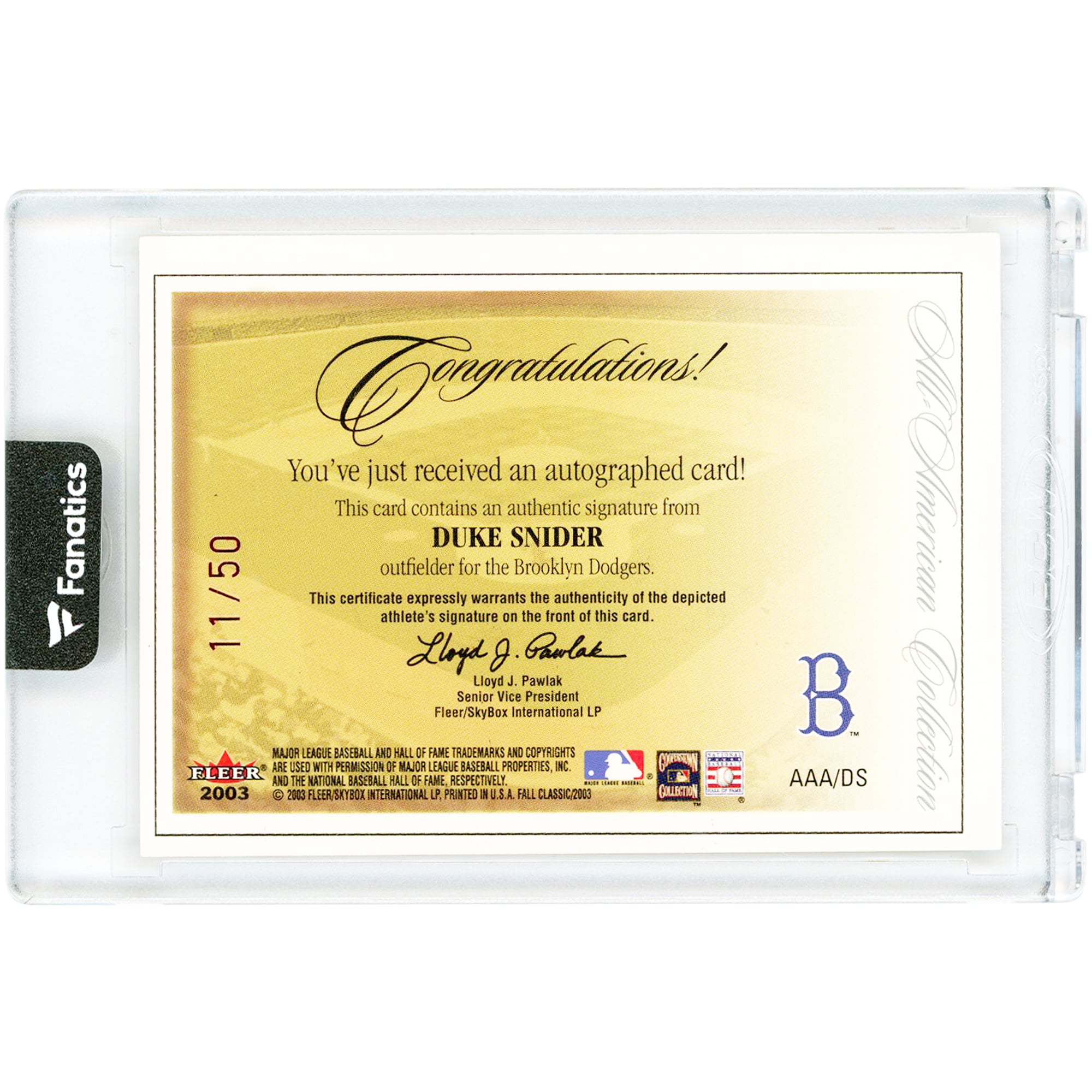 Duke Snider Brooklyn Dodgers Autographed 2003 Fleer Fall Classic All American Collection #AAA/DS #11/50 Card