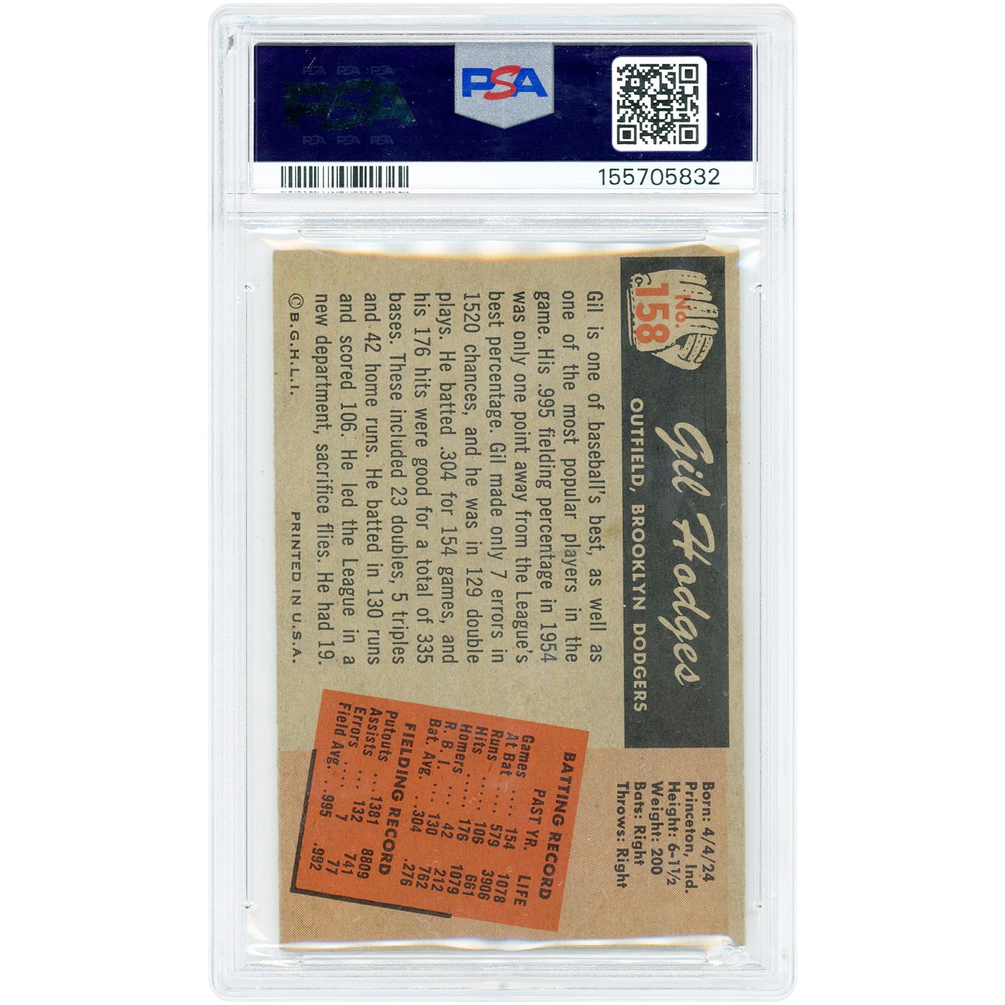 Gil Hodges Brooklyn Dodgers 1955 Bowman #158 PSA Authenticated 6 Card