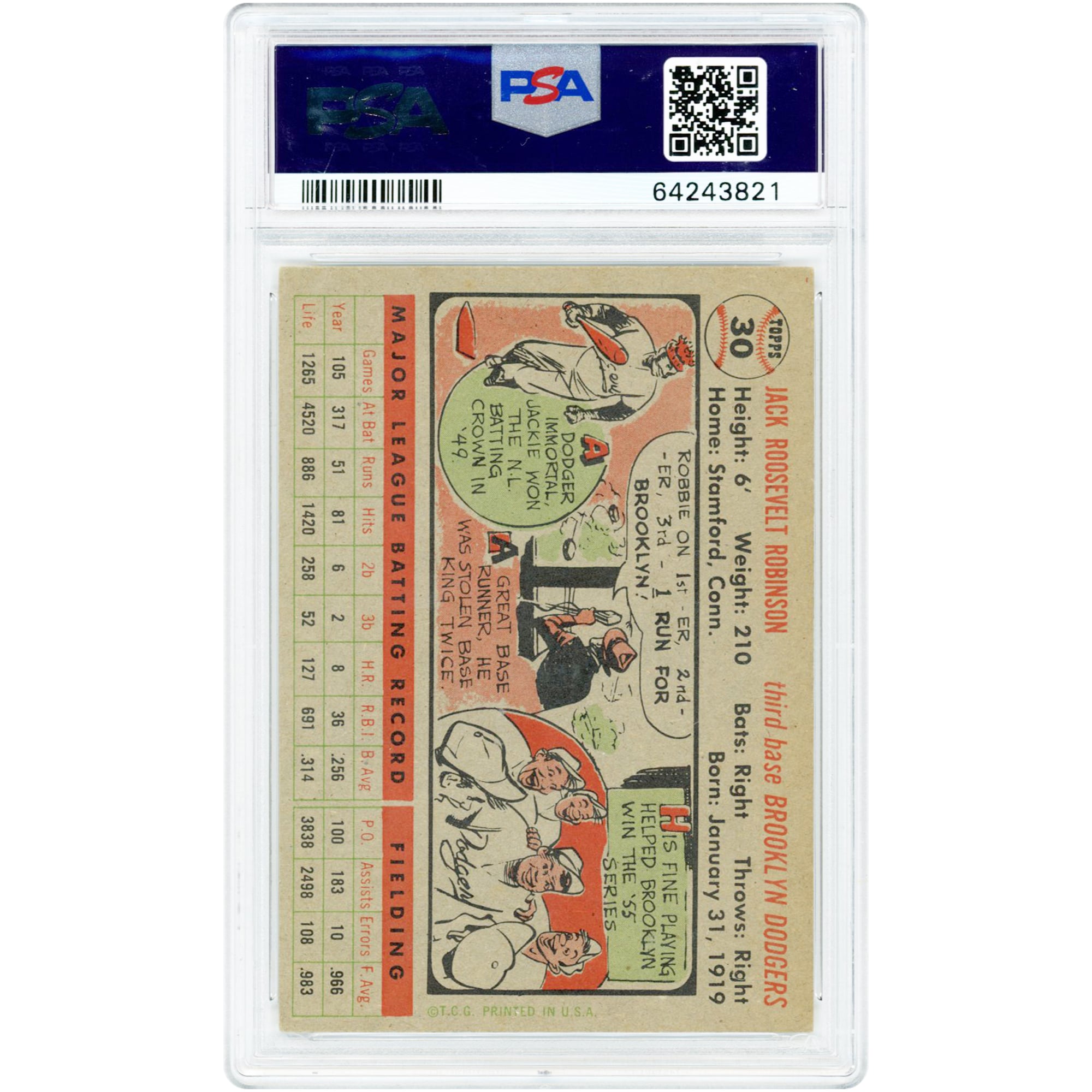 Jackie Robinson Brooklyn Dodgers 1956 Topps Grey Back #30 PSA Authenticated 6 Card
