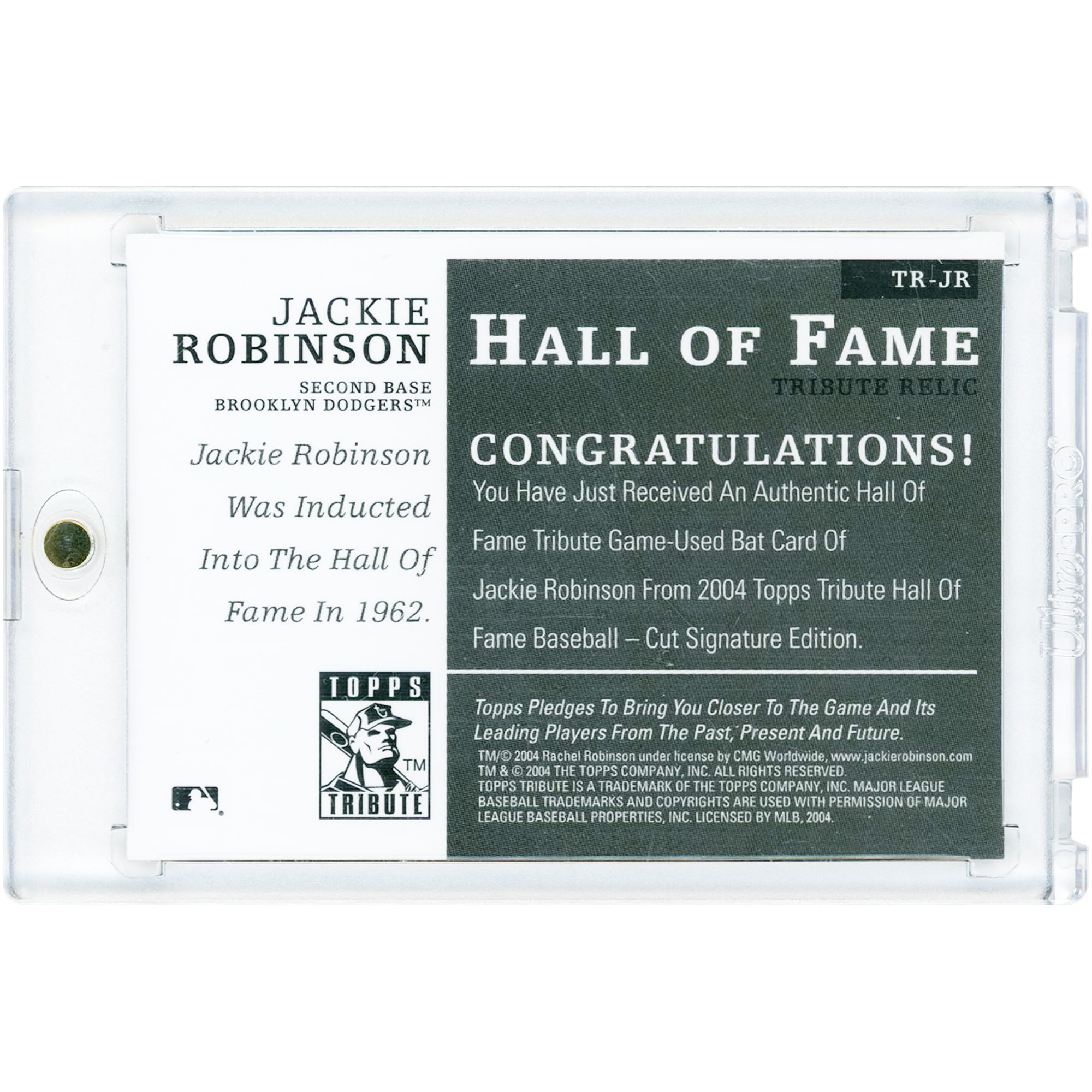 Carte Jackie Robinson Brooklyn Dodgers 2004 Topps Tribute Hall Of Fame Game Used Bat Relic #TR-JR