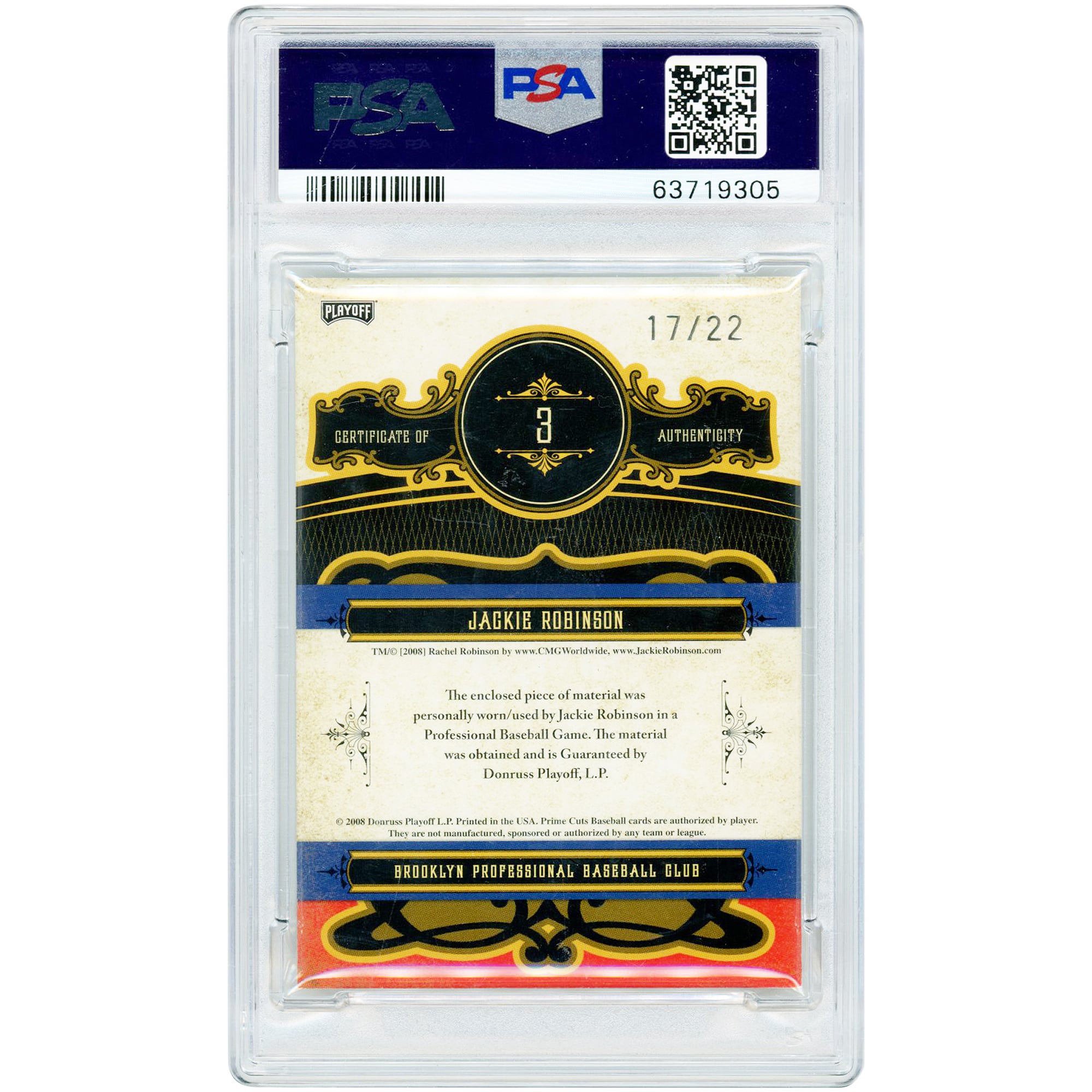 Carte Jackie Robinson Brooklyn Dodgers 2008 Playoff Prime Cuts Colossal Materials Game Relic n° 3, n° 17/22, authentifiée PSA 8