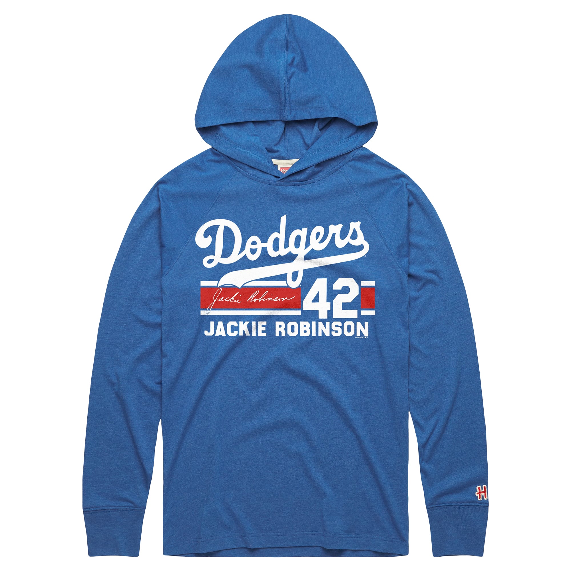 Men's Homage Jackie Robinson Royal Brooklyn Dodgers Cooperstown Collection Signature Name & Number Long Sleeve Tri-Blend Hooded T-Shirt