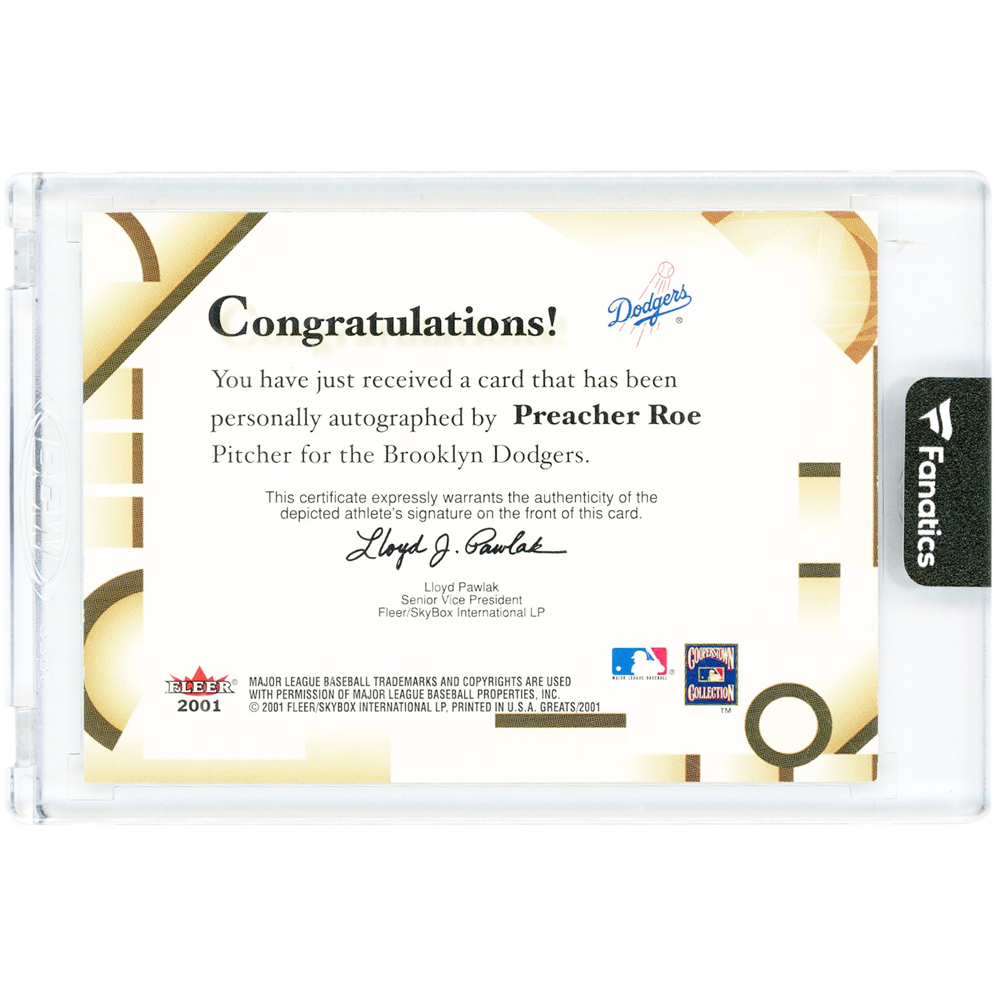 Preacher Roe Brooklyn Dodgers Autographed 2001 Fleer Greats Of The Game #NNO Card