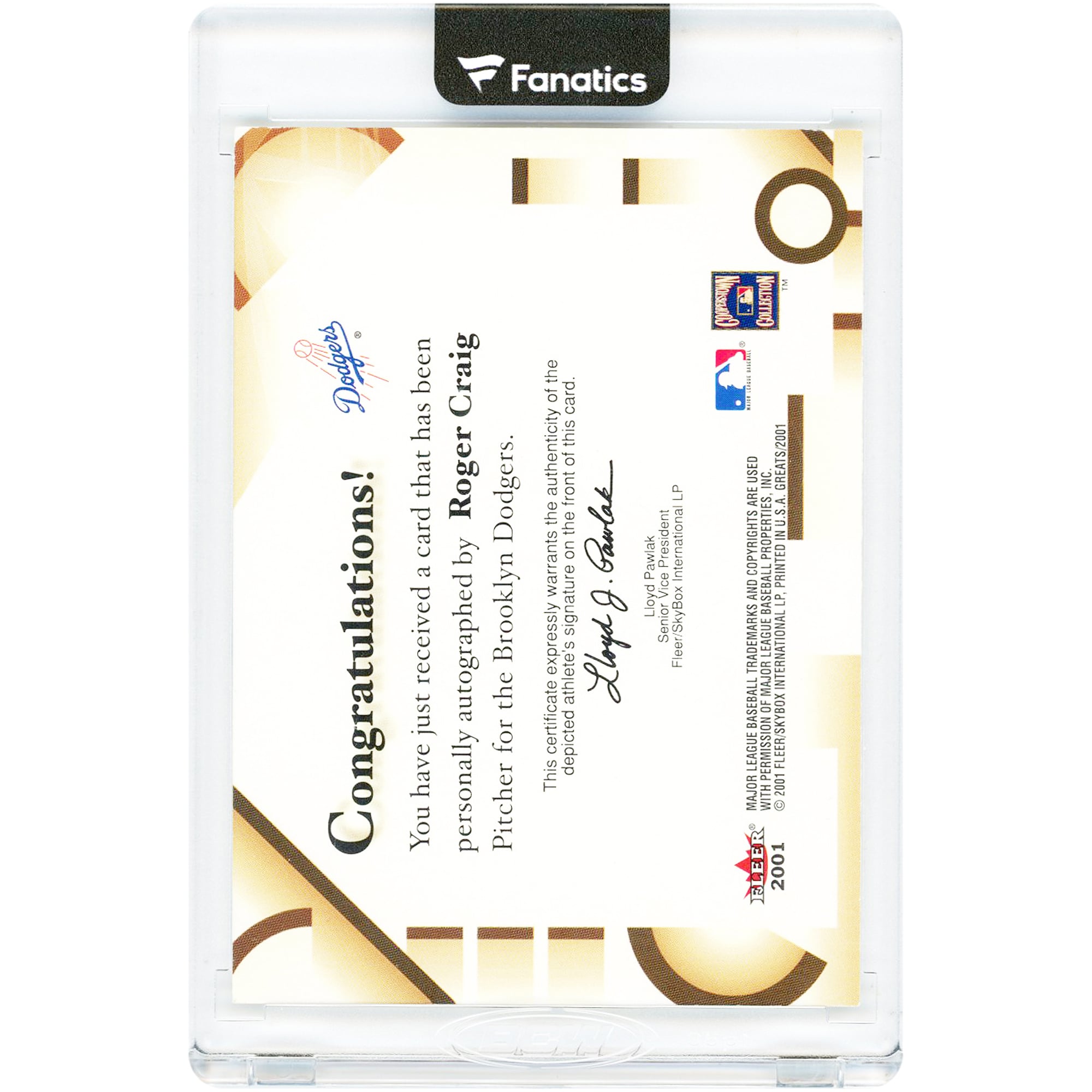 Carte autographiée de Roger Craig (Brooklyn Dodgers) de la série Fleer Greats Of The Game 2001, numéro NNO