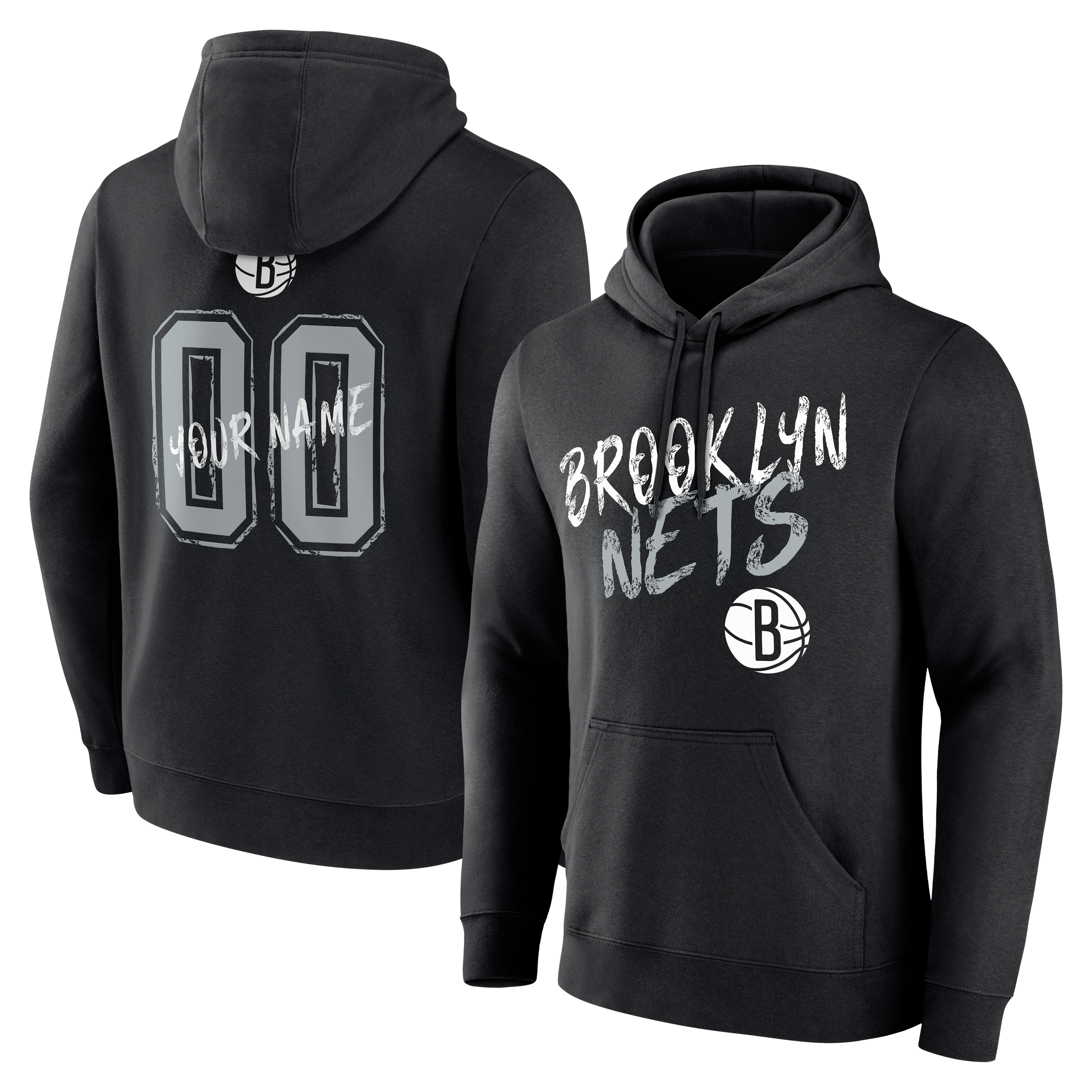 Sweat à capuche noir Brooklyn Nets Hustle pour homme, personnalisé avec nom et numéro.