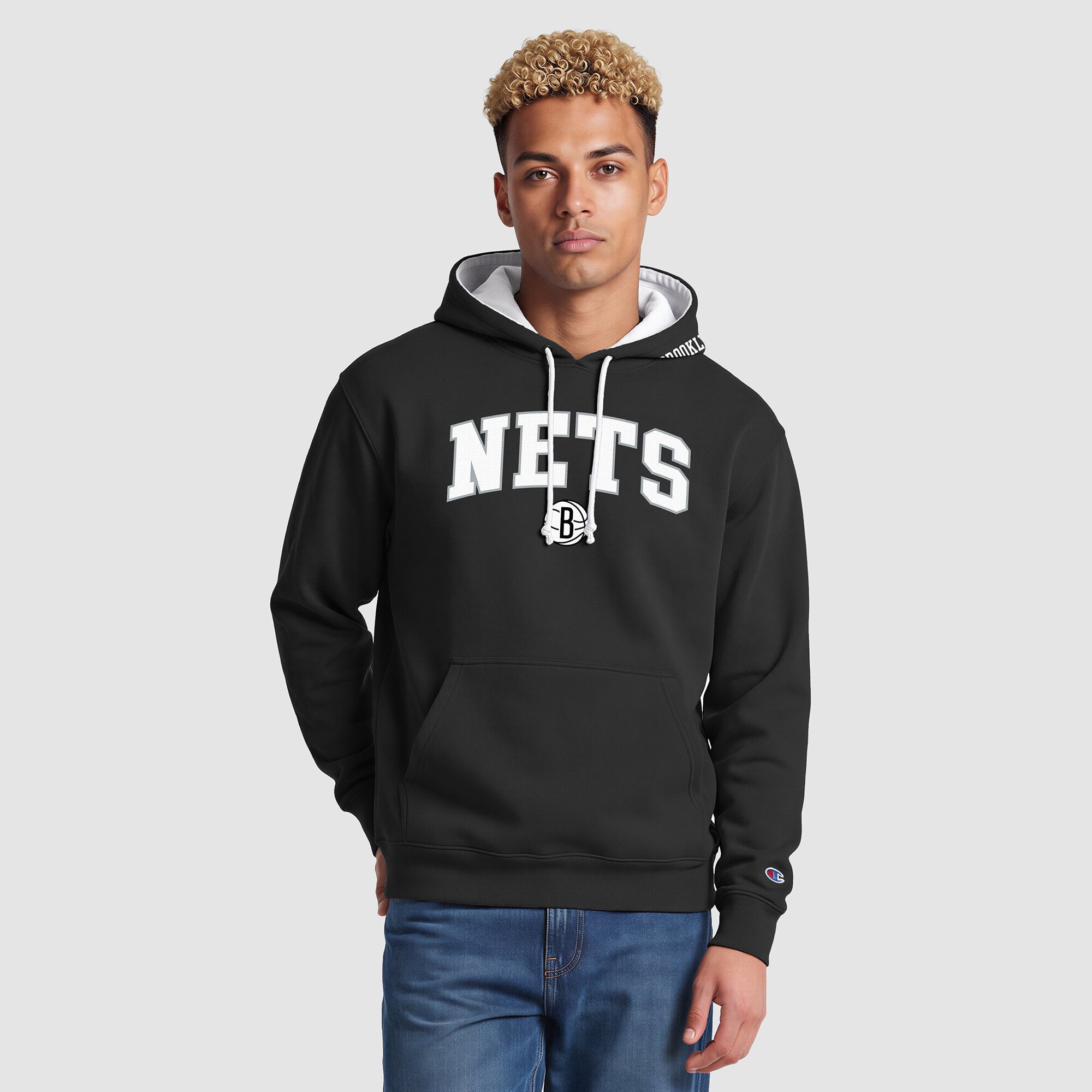 Sweat à capuche Champion noir Brooklyn Nets pour homme avec doublure contrastée