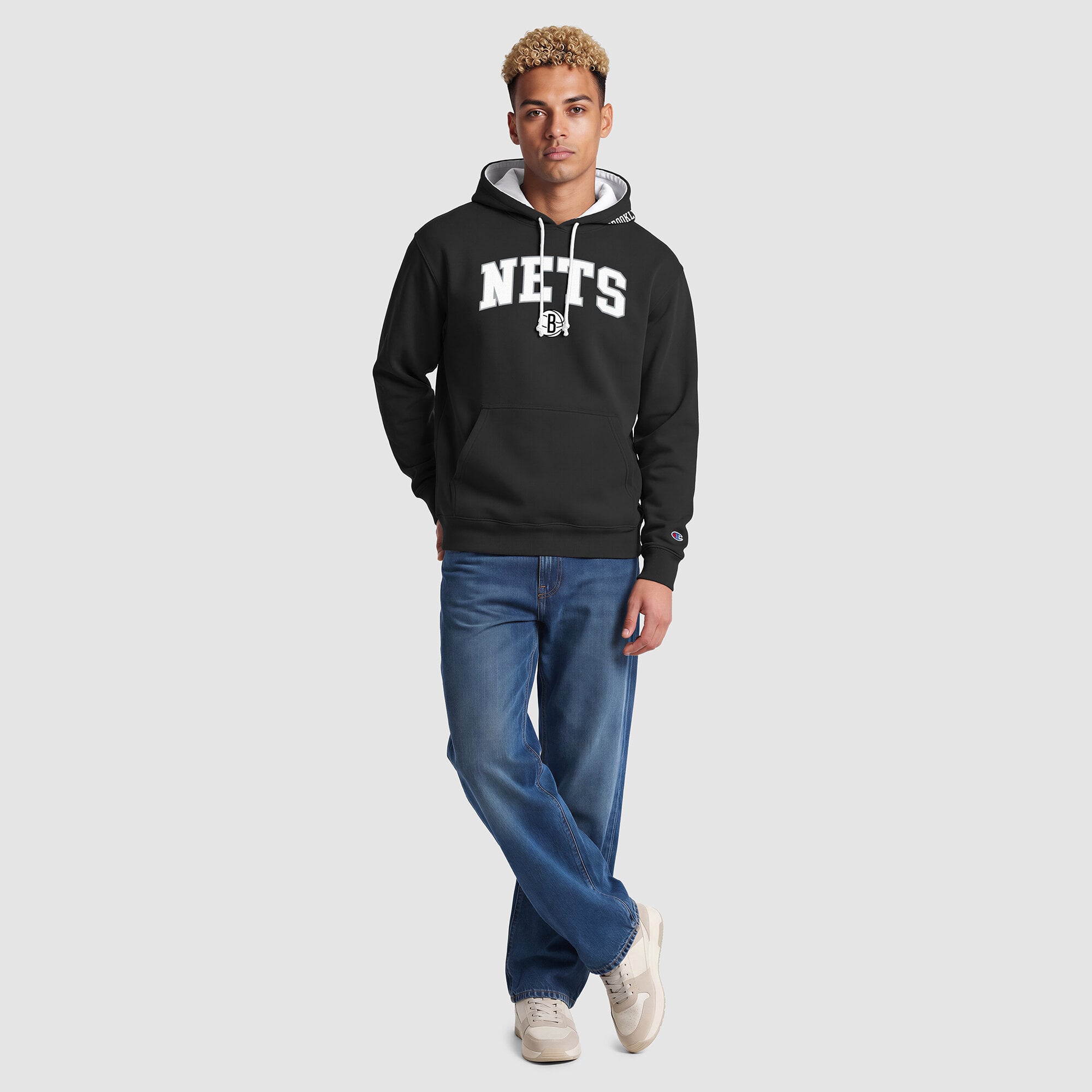 Sweat à capuche Champion noir Brooklyn Nets pour homme avec doublure contrastée