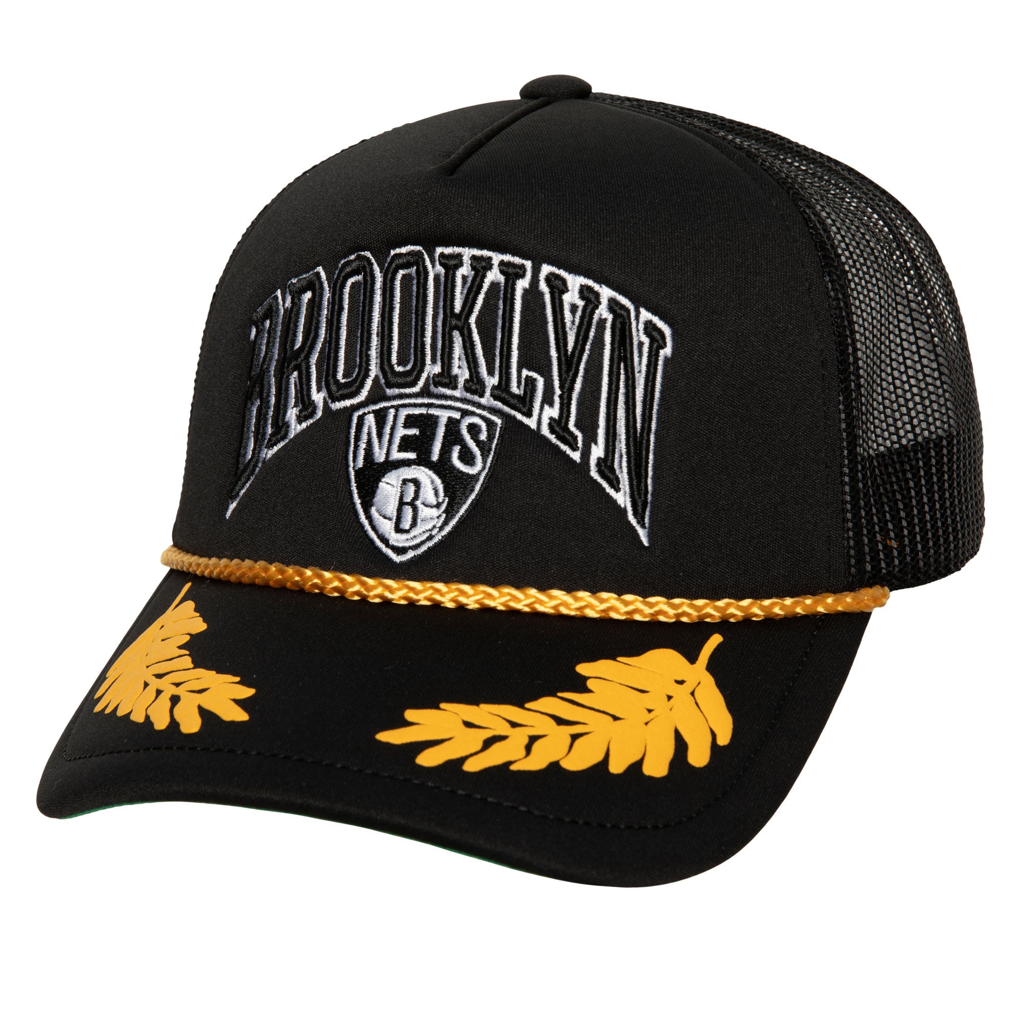 Men's Brooklyn Nets Mitchell & Ness Black Hardwood Classics Gold Leaf Mesh Trucker Snapback Hat