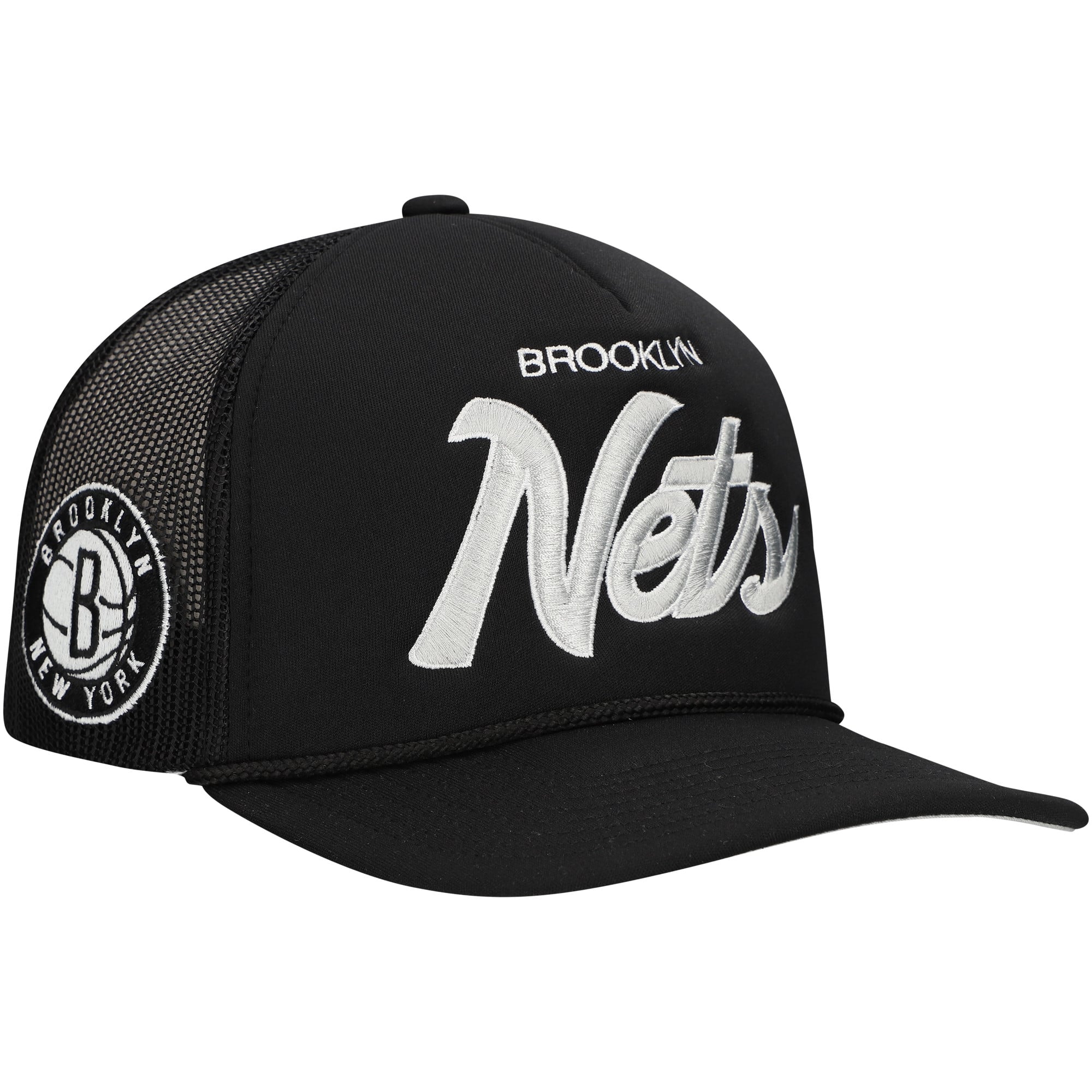 Men's Brooklyn Nets Mitchell & Ness Black Script Trucker Adjustable Hat