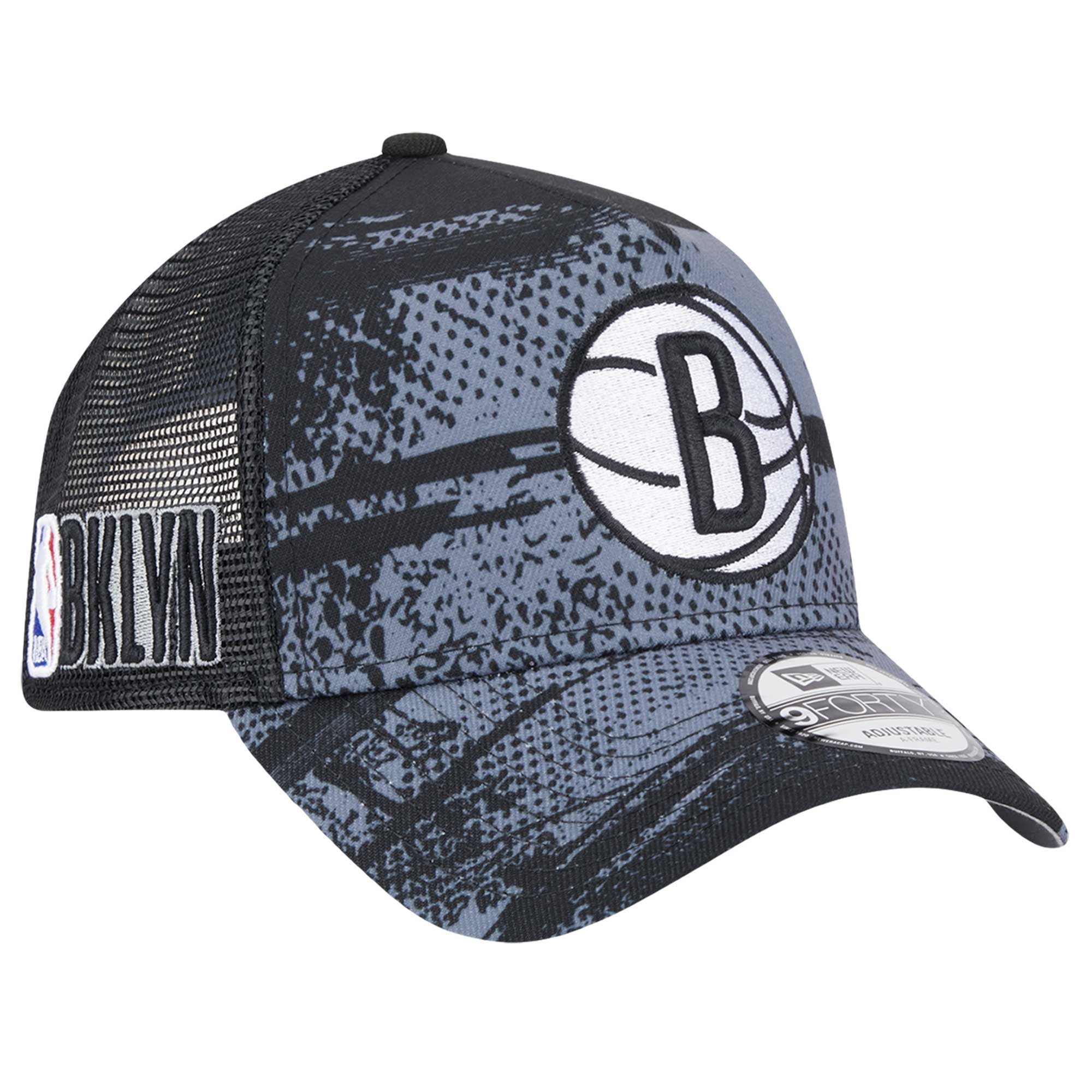 Men's Brooklyn Nets New Era Black/Charcoal Tip Off A-Frame Trucker 9FORTY Adjustable Hat
