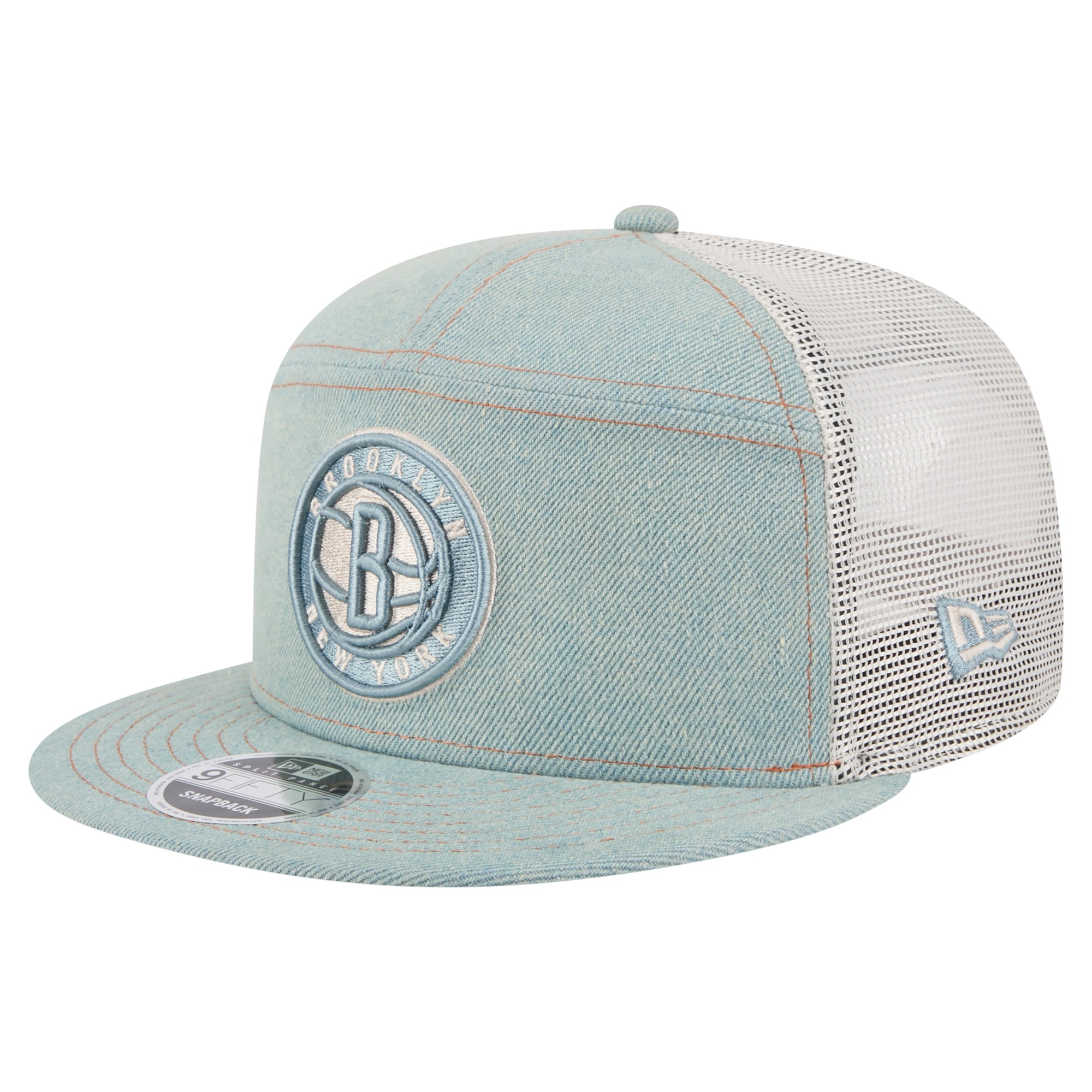 Men's Brooklyn Nets New Era Adventure Denim Split Panel 9FIFTY Snapback Trucker Hat