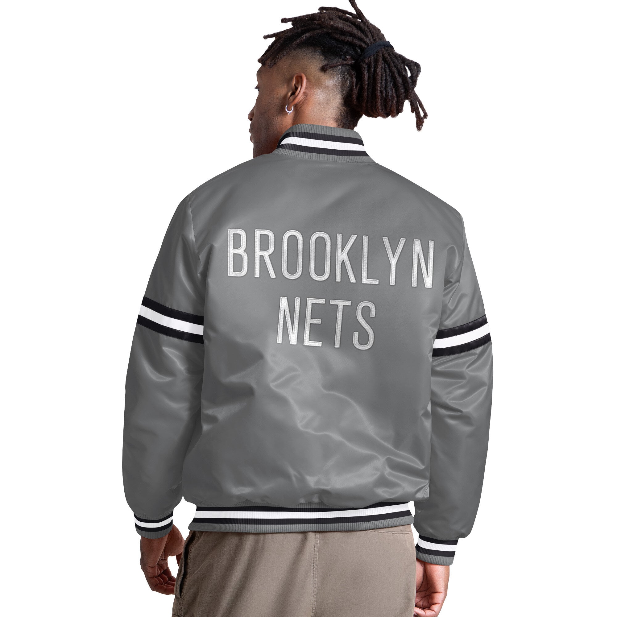 Veste universitaire Starter grise Brooklyn Nets Courtside II pour homme, fermeture à boutons-pression.