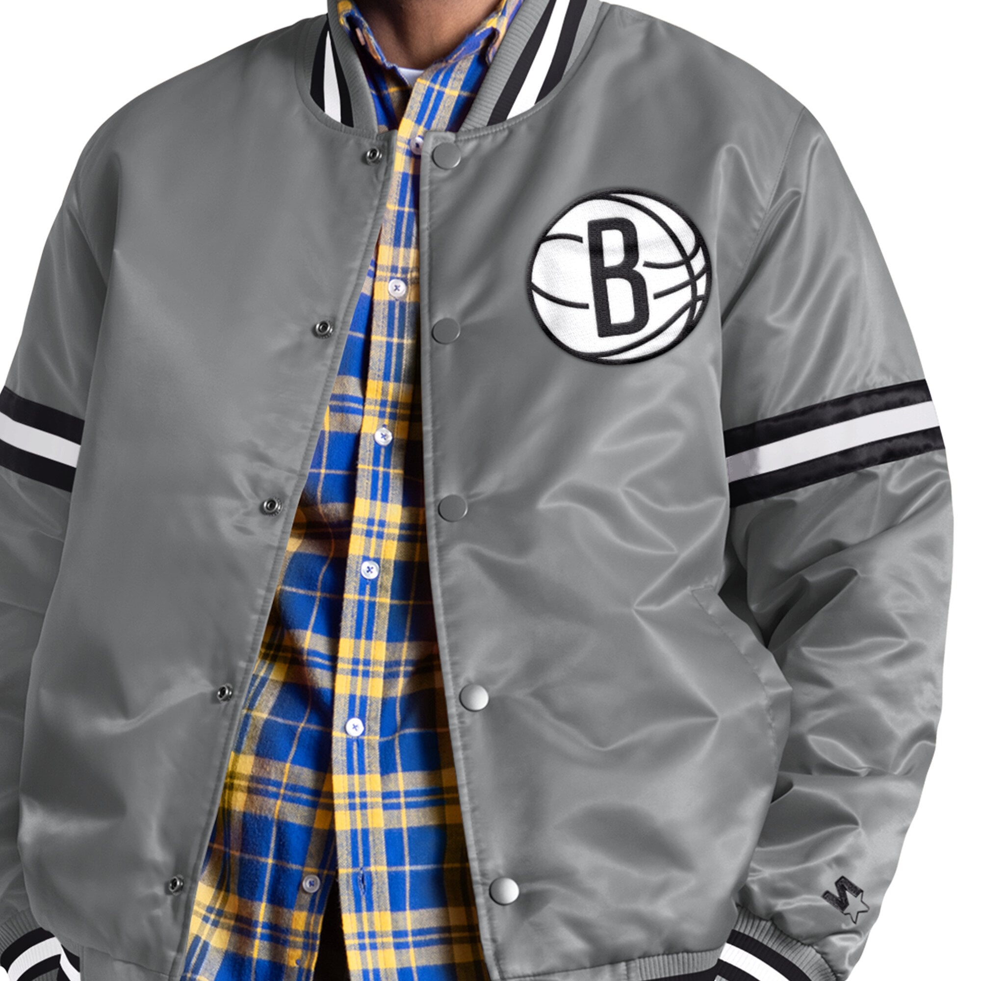 Veste universitaire Starter grise Brooklyn Nets Courtside II pour homme, fermeture à boutons-pression.
