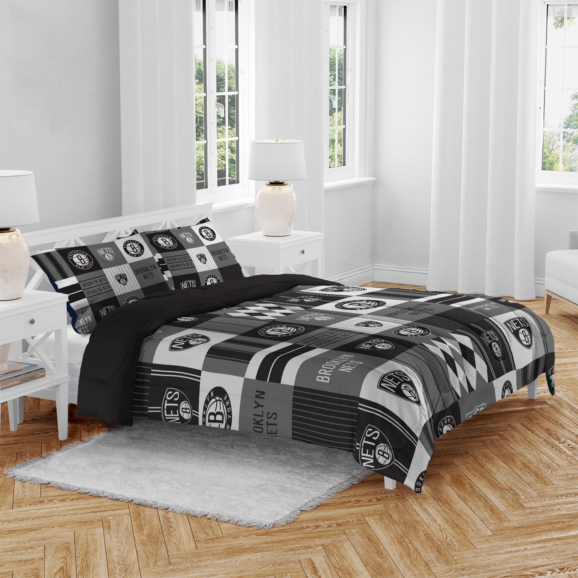 Ensemble de literie trois pièces à carreaux patchwork Pegasus Brooklyn Nets pour lit double/queen