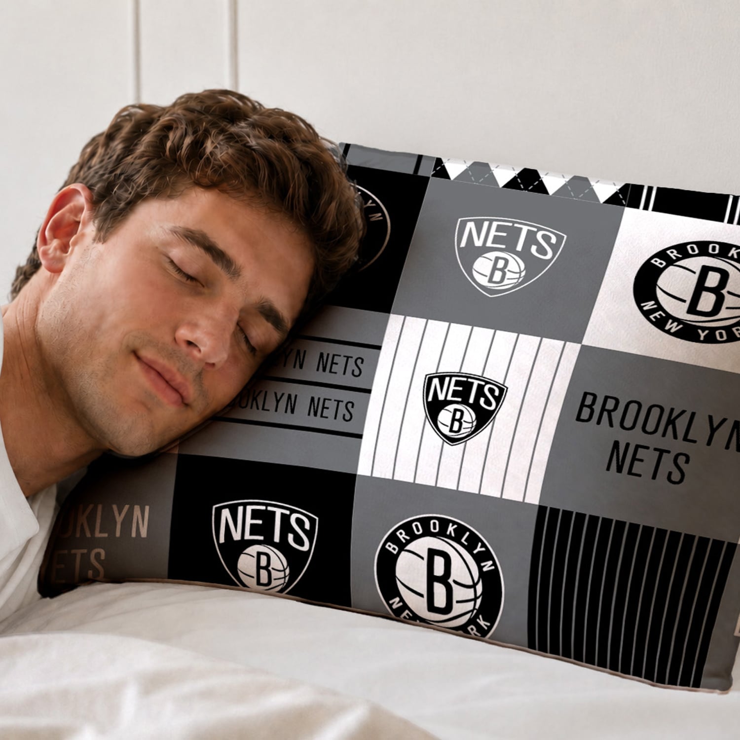 Ensemble de literie trois pièces à carreaux patchwork Pegasus Brooklyn Nets pour lit double/queen