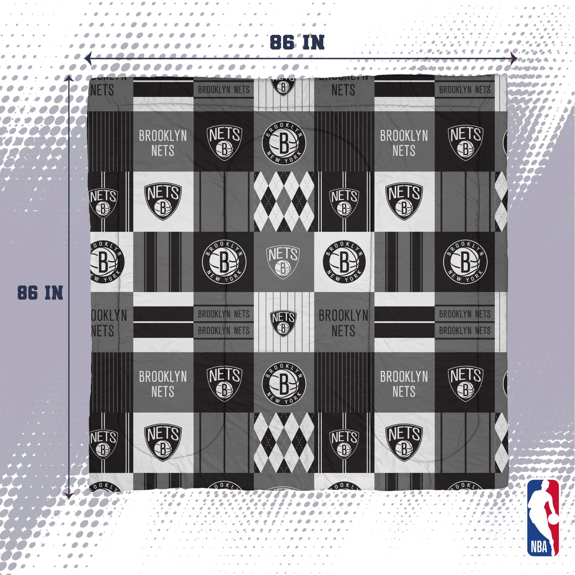 Ensemble de literie trois pièces à carreaux patchwork Pegasus Brooklyn Nets pour lit double/queen
