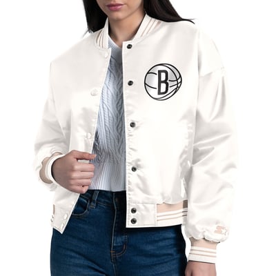 Brooklyn Nets Starter Women's Printed Logo Cropped Satin Varsity Full-Snap Jacket - Cream