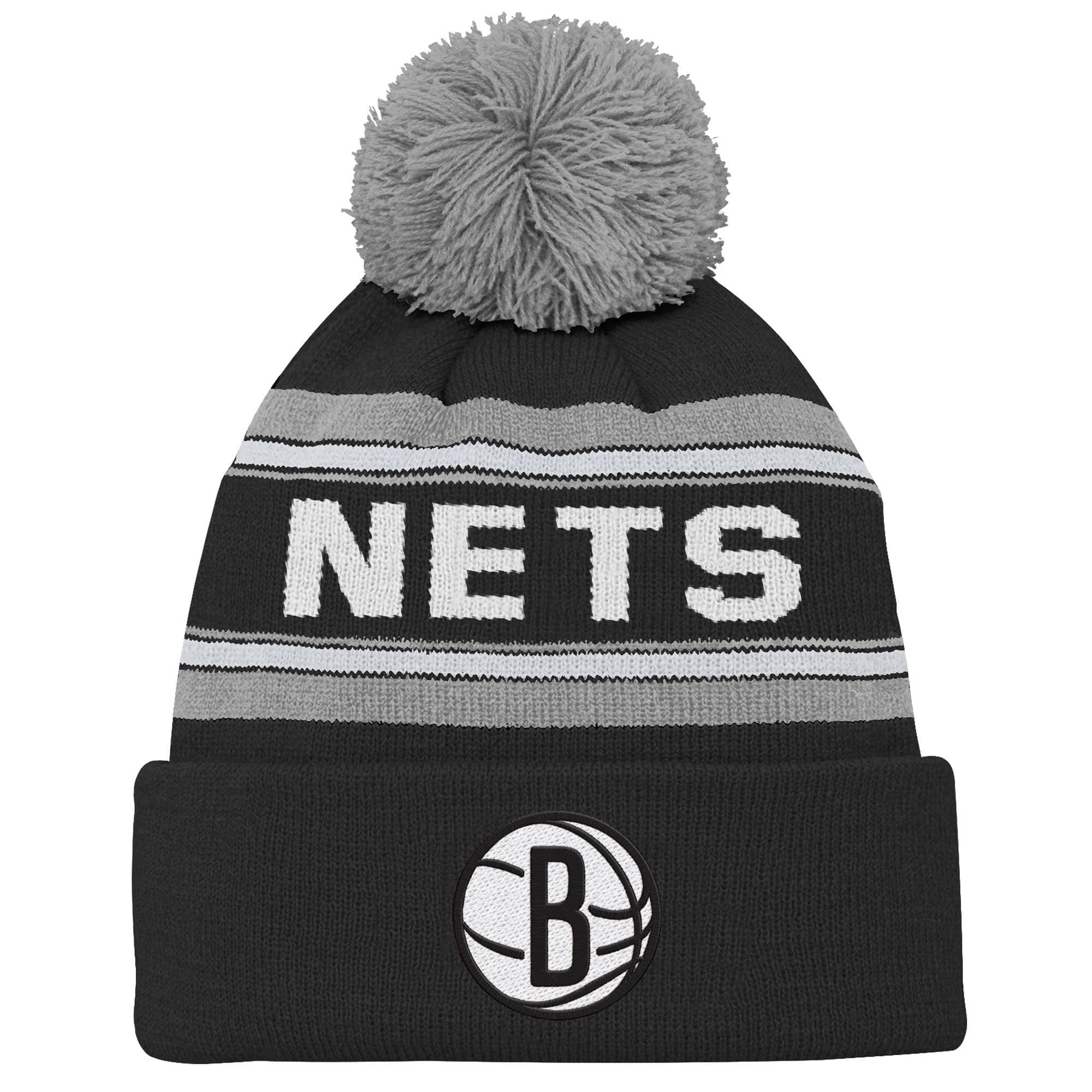 Bonnet en maille jacquard à revers, motif panneau arrière des Brooklyn Nets, noir, avec pompon