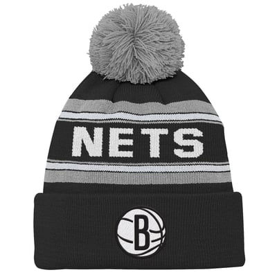  Brooklyn Nets Outerstuff Youth Backboard Jacquard Cuffed Knit Hat with Pom - Black
