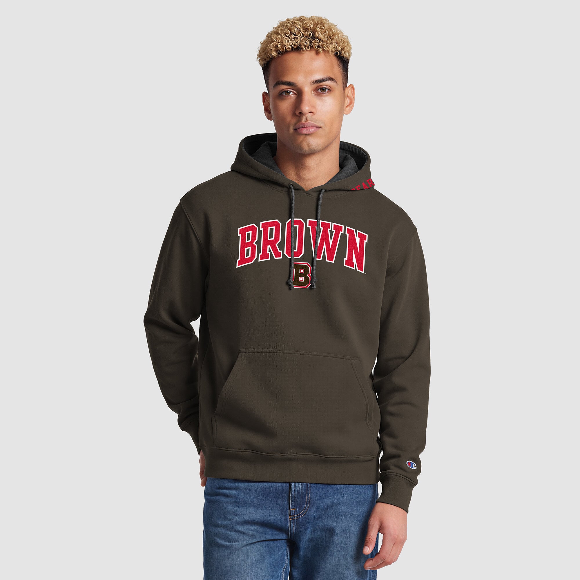 Sweat à capuche Champion marron/gris chiné pour homme avec ours bruns contrastés