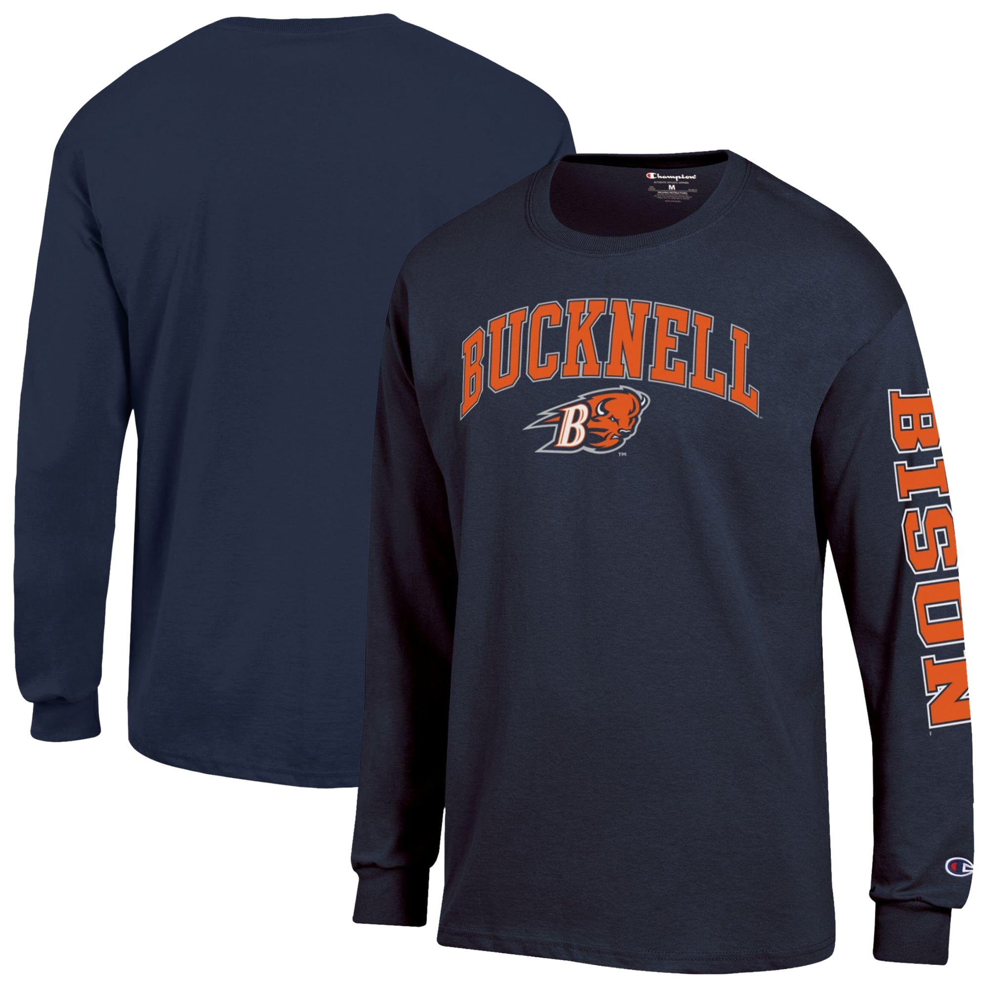 T-shirt à manches longues Champion pour homme, bleu marine, logo Bucknell Bison Arch