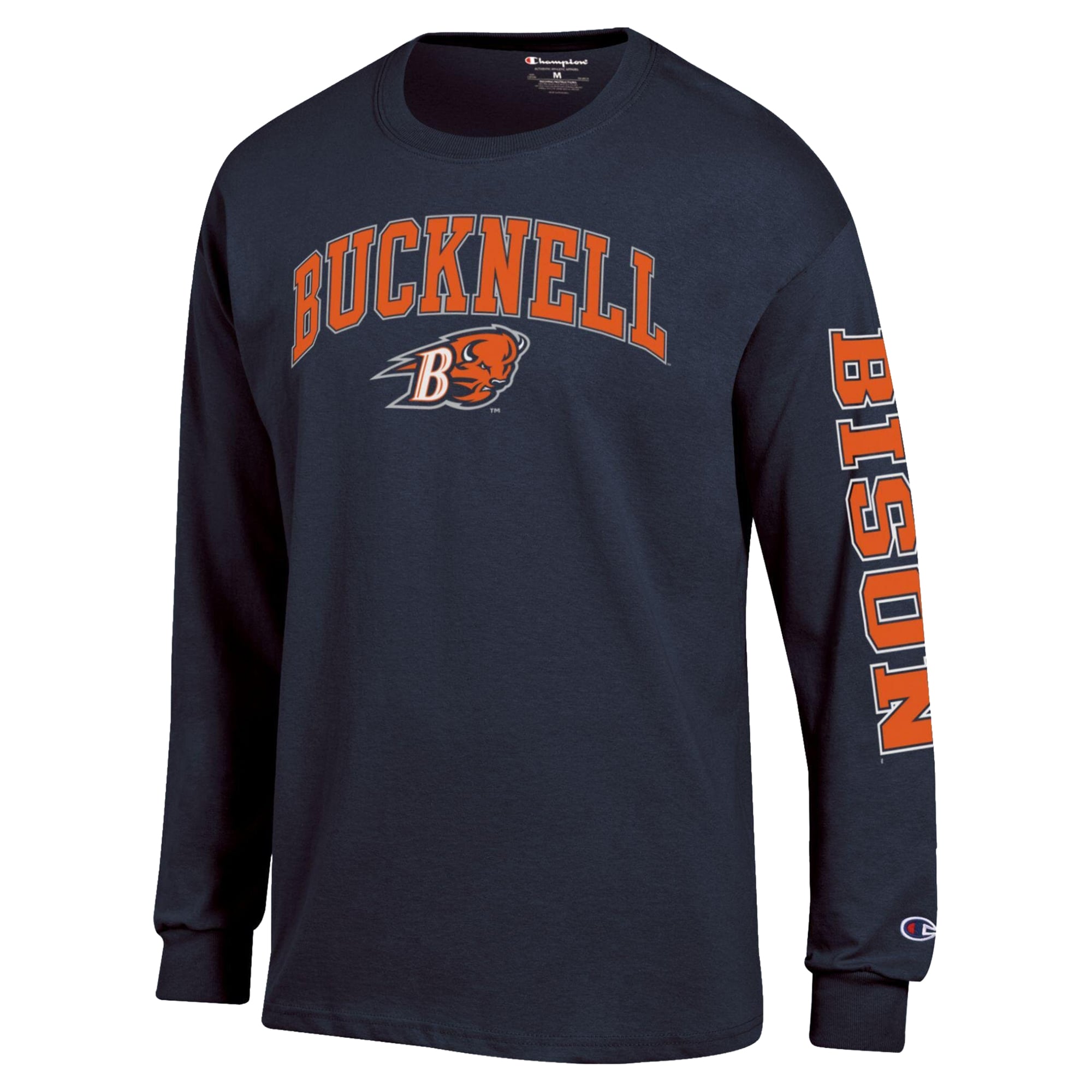 T-shirt à manches longues Champion pour homme, bleu marine, logo Bucknell Bison Arch