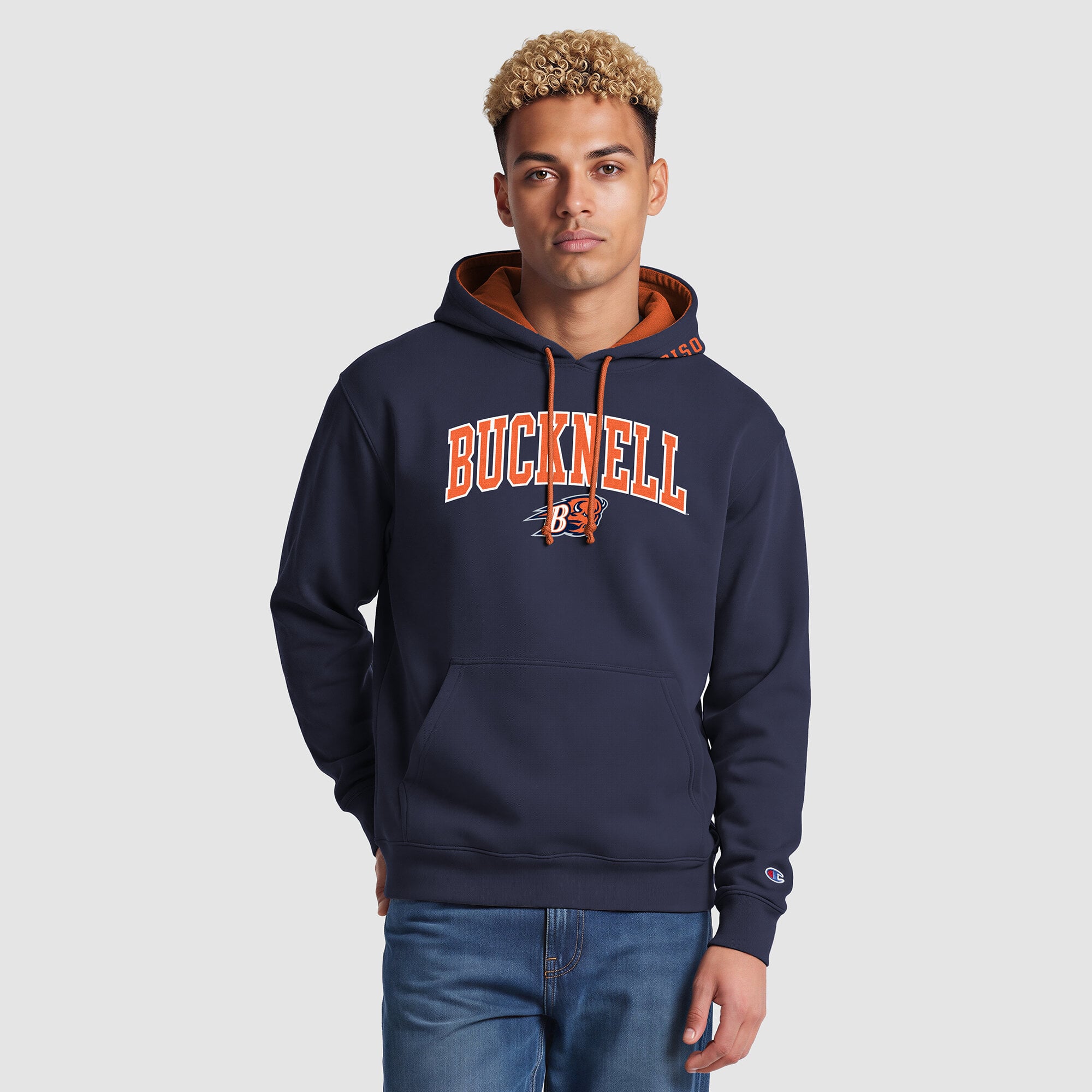 Sweat à capuche contrasté Champion pour homme, bleu marine/orange Bucknell Bison
